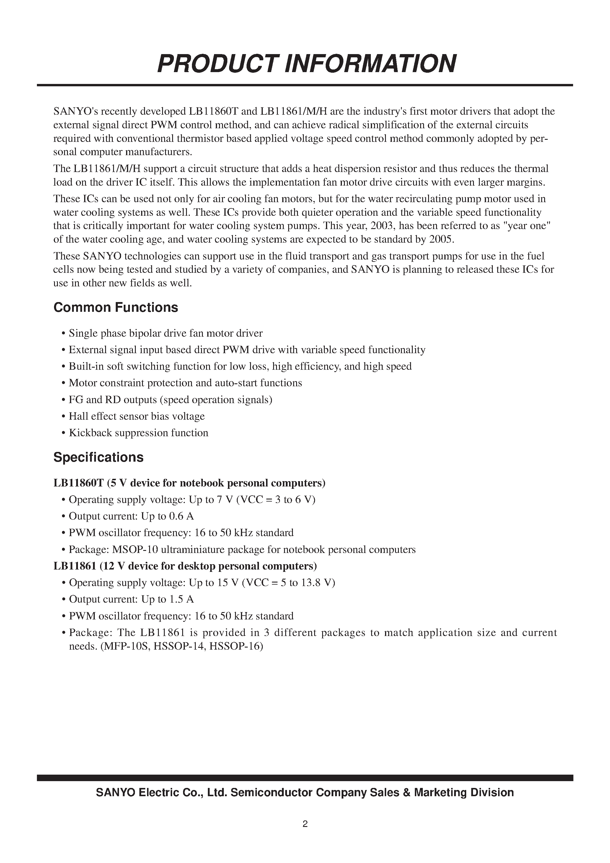 Datasheet LB11860T - (LB11861) Direct PWM Variable Speed Fan Motor Driver IC Developed page 2