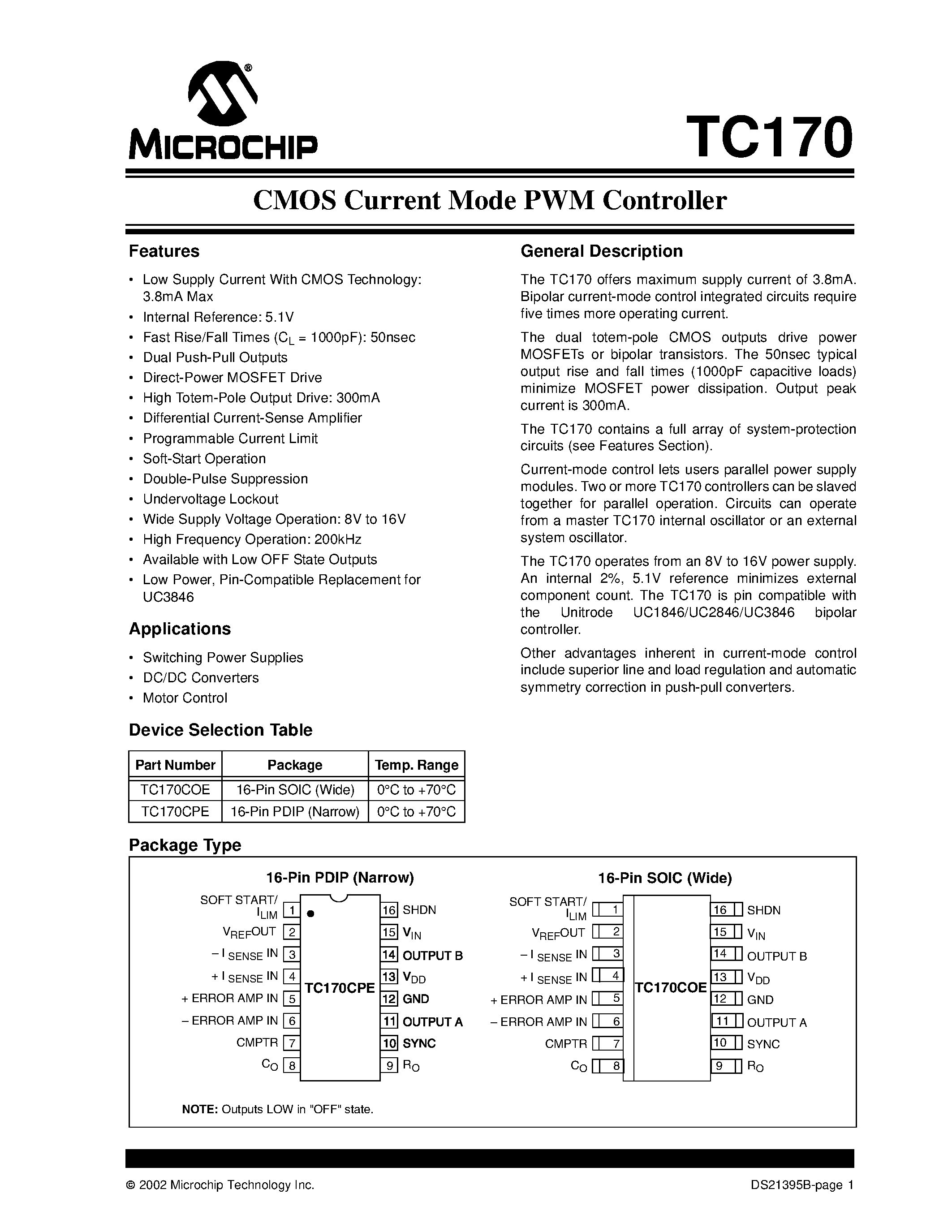 Datasheet TC170 page 1 Datasheet TC170 - CMOS Current Mode PWM Controller page 1