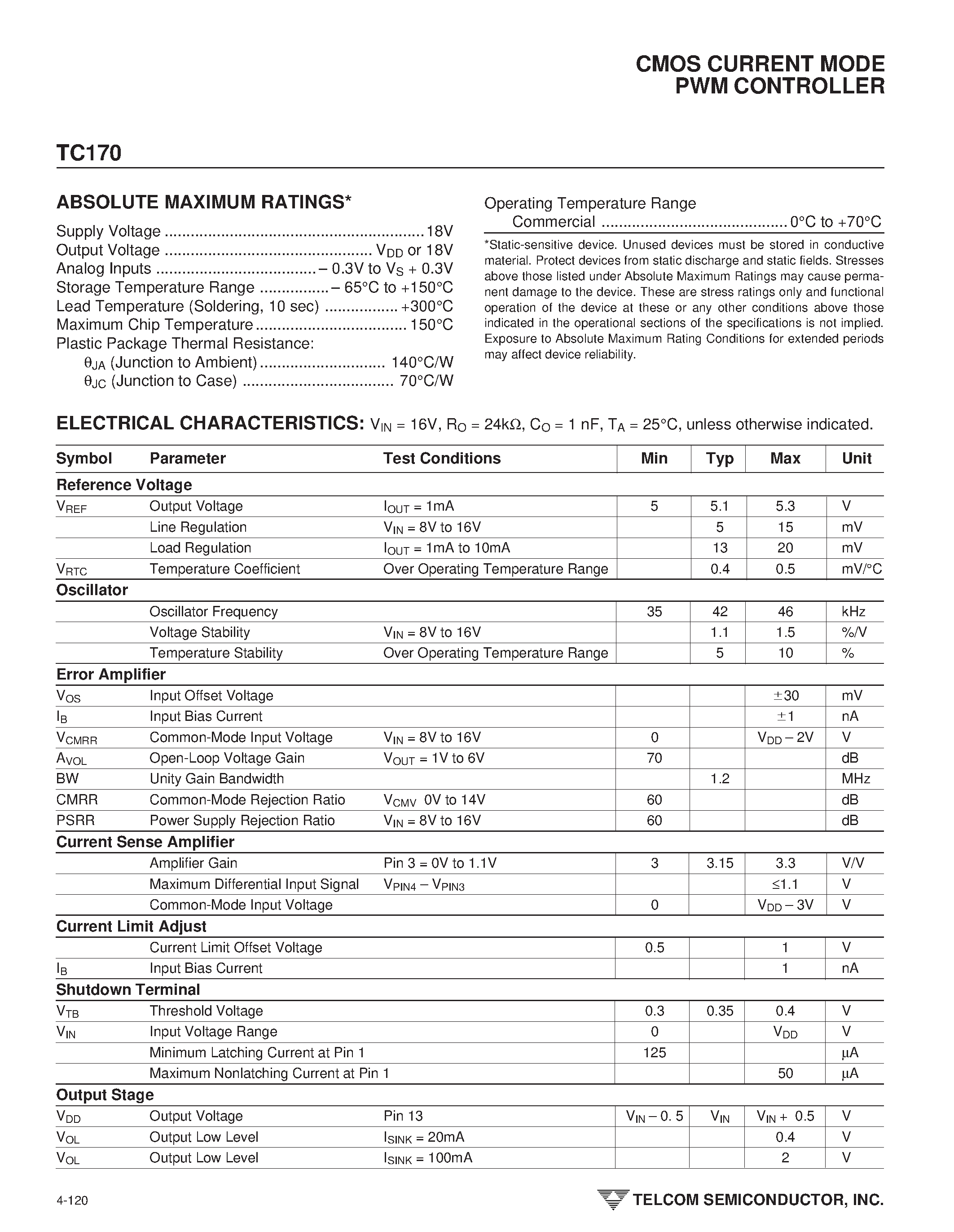 Datasheet TC170 page 2 Datasheet TC170 - CMOS CURRENT MODE PWM CONTROLLER page 2