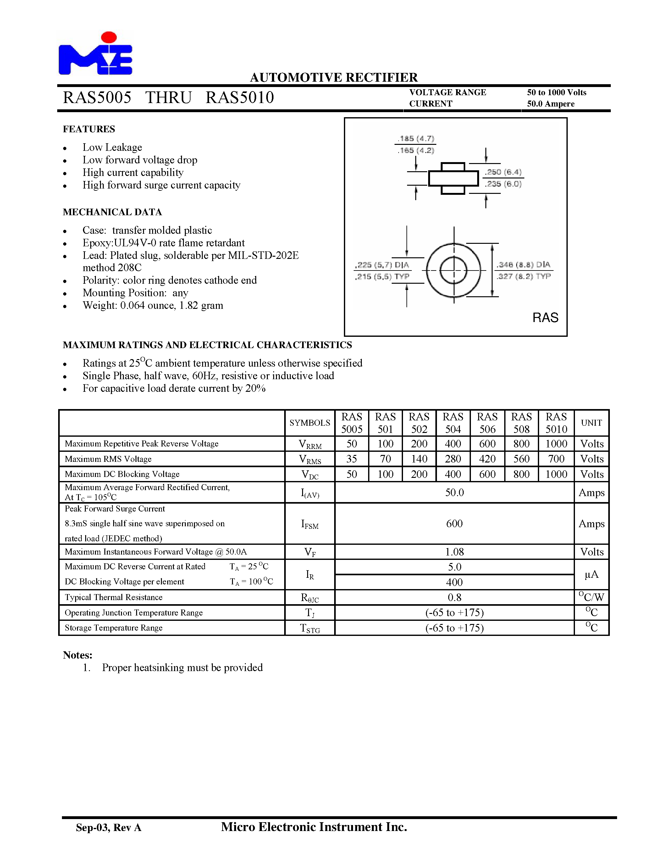 Даташит RAS5005 - (RAS5005~RAS5010) Automotive Rectifier страница 1