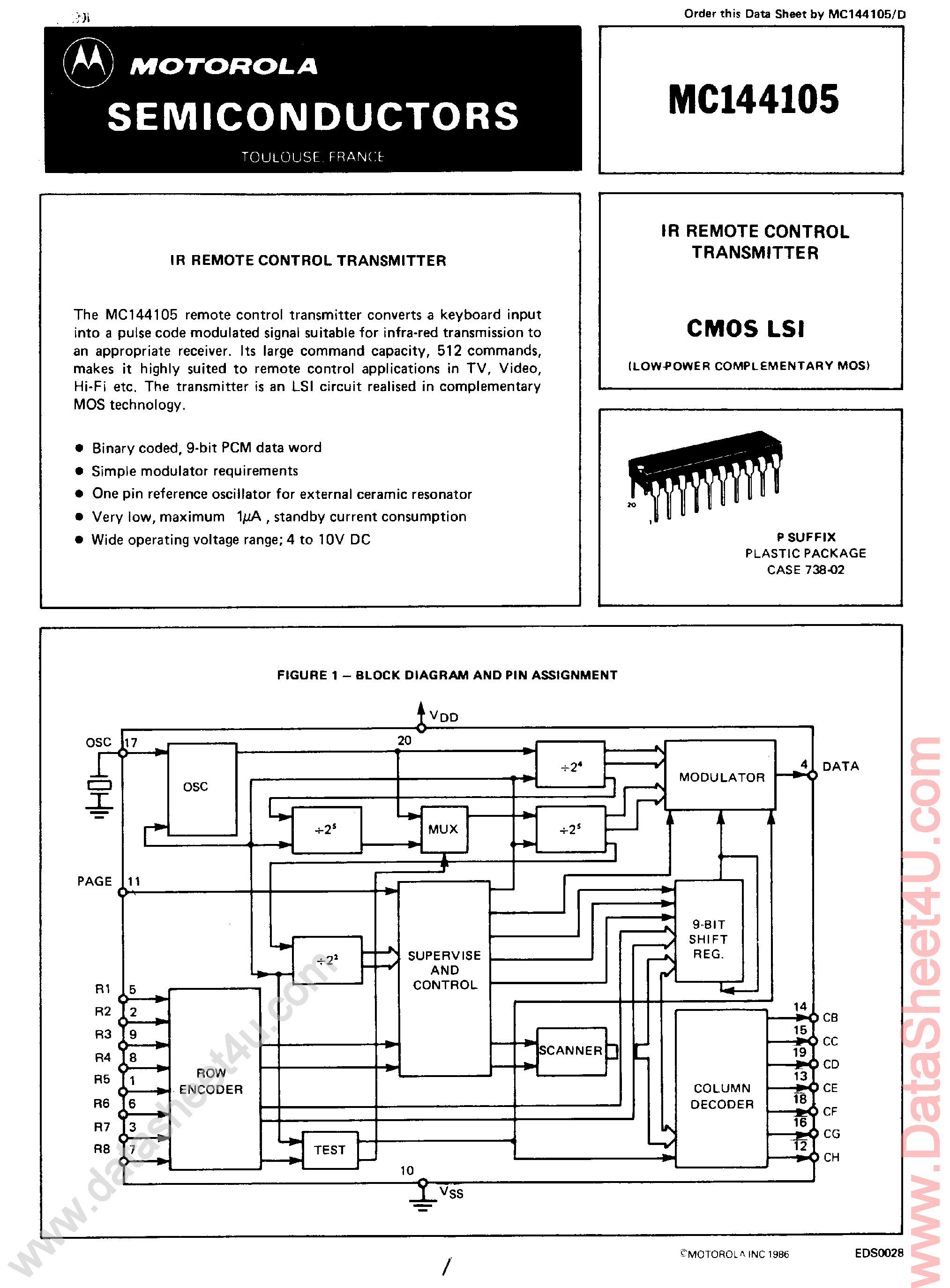 Даташит MC144105 - IR Remote Control Transmitter страница 1