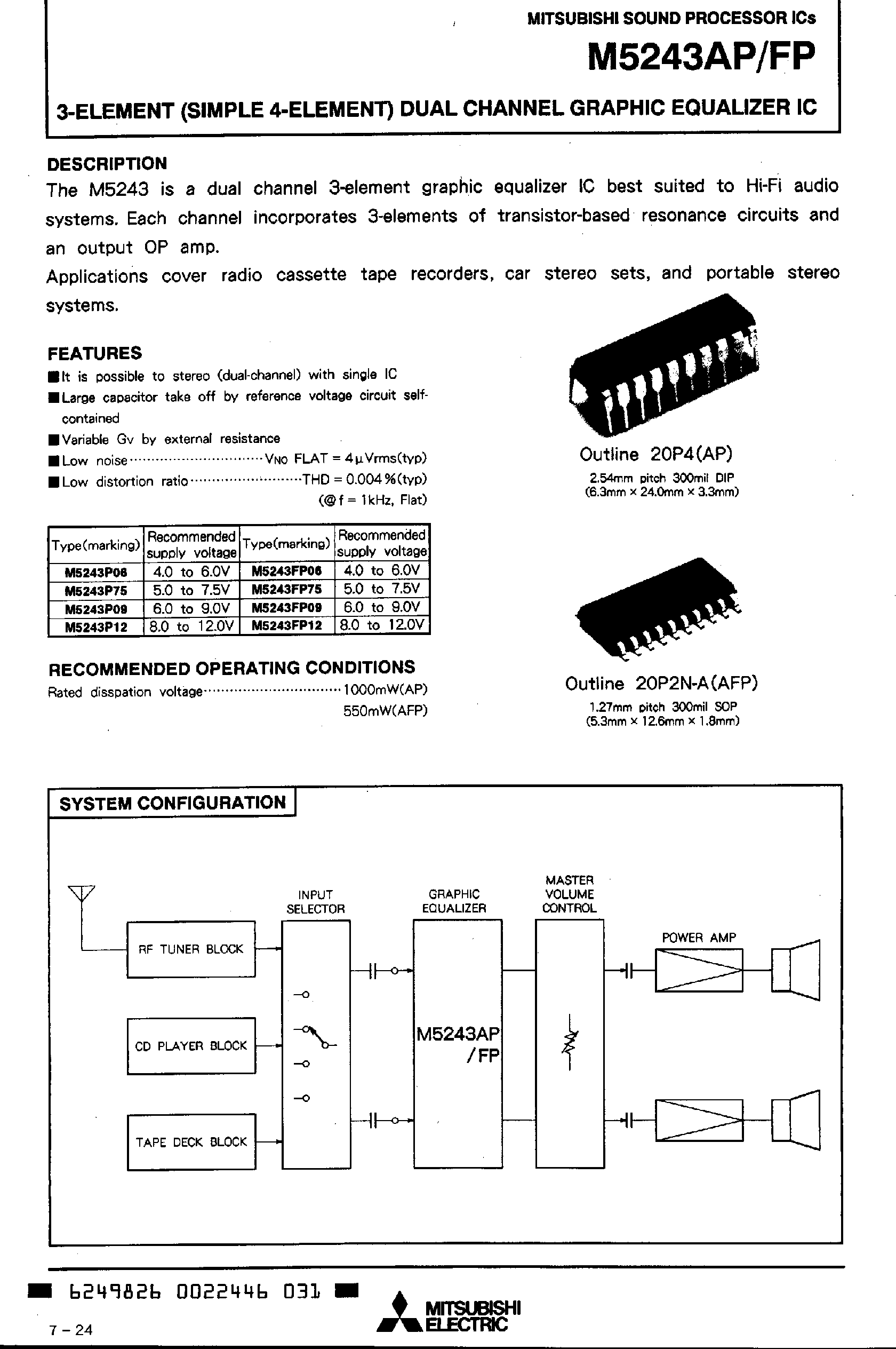 Datasheet M5243Pxx - 3 Element Dual Channel Graphic Equalizer IC page 1
