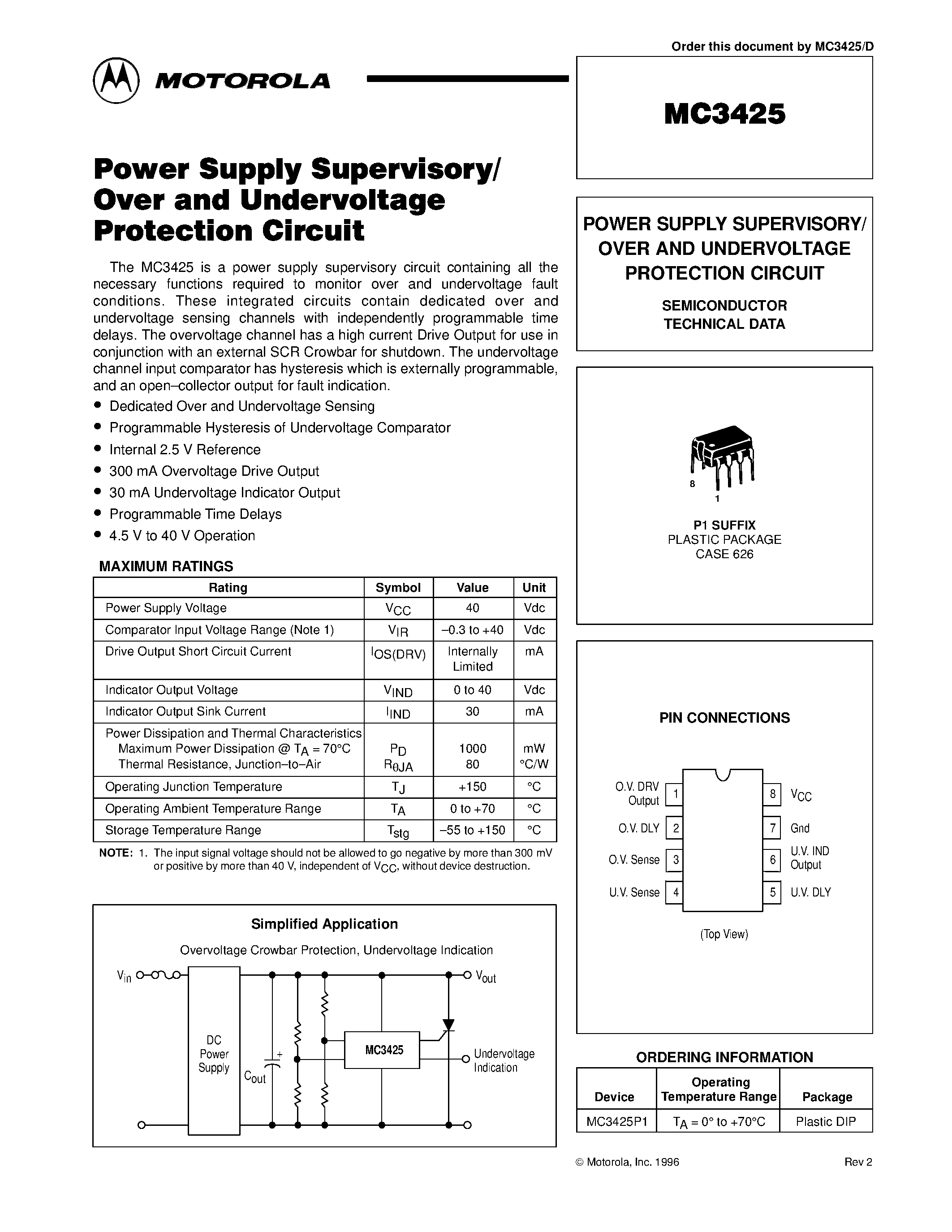 Datasheet MC3425 page 1 Datasheet MC3425 - POWER SUPPLY SUPERVISORY/ OVER AND UNDERVOLTAGE PROTECTION CIRCUIT page 1