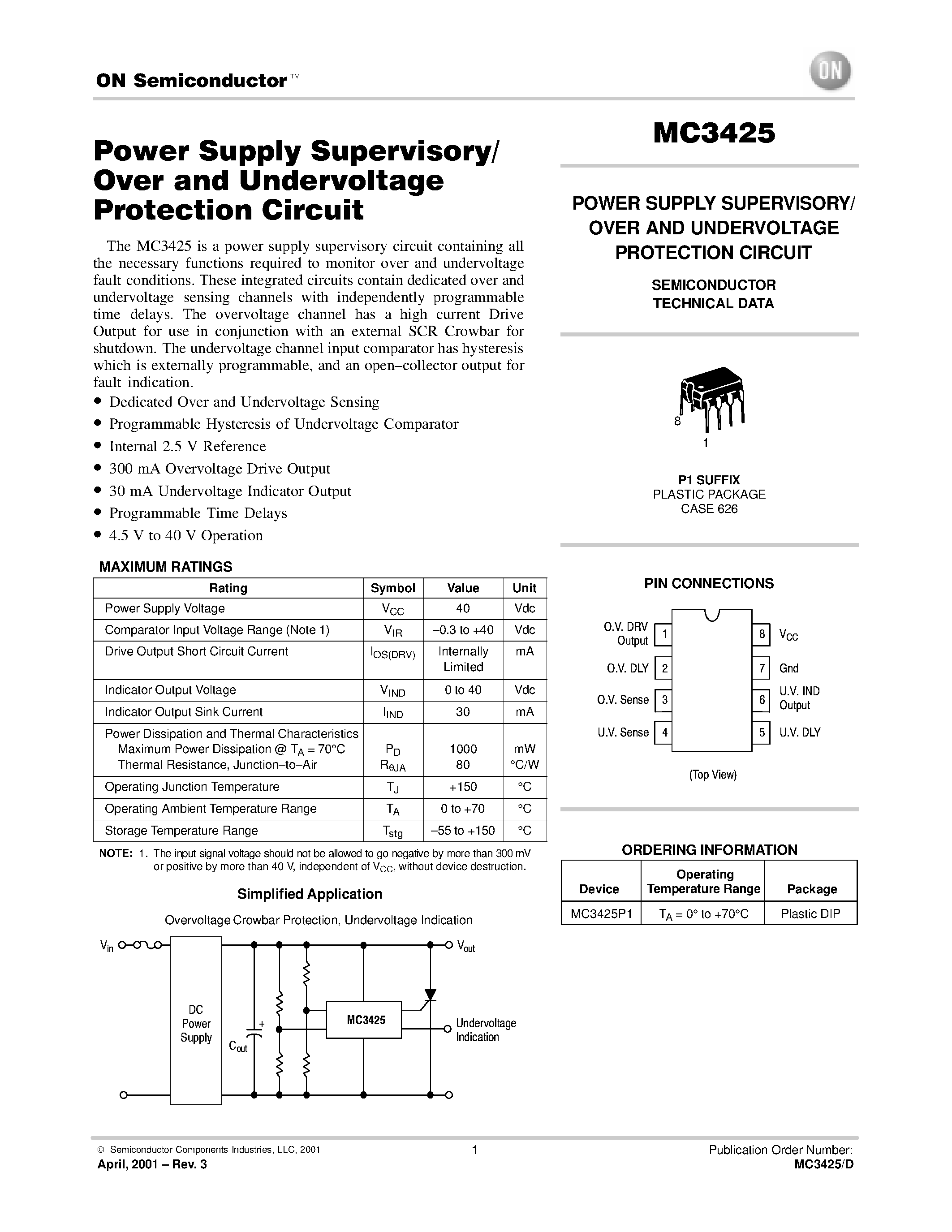 Datasheet MC3425 page 1 Datasheet MC3425 - POWER SUPPLY SUPERVISORY/ OVER AND UNDERVOLTAGE PROTECTION CIRCUIT page 1