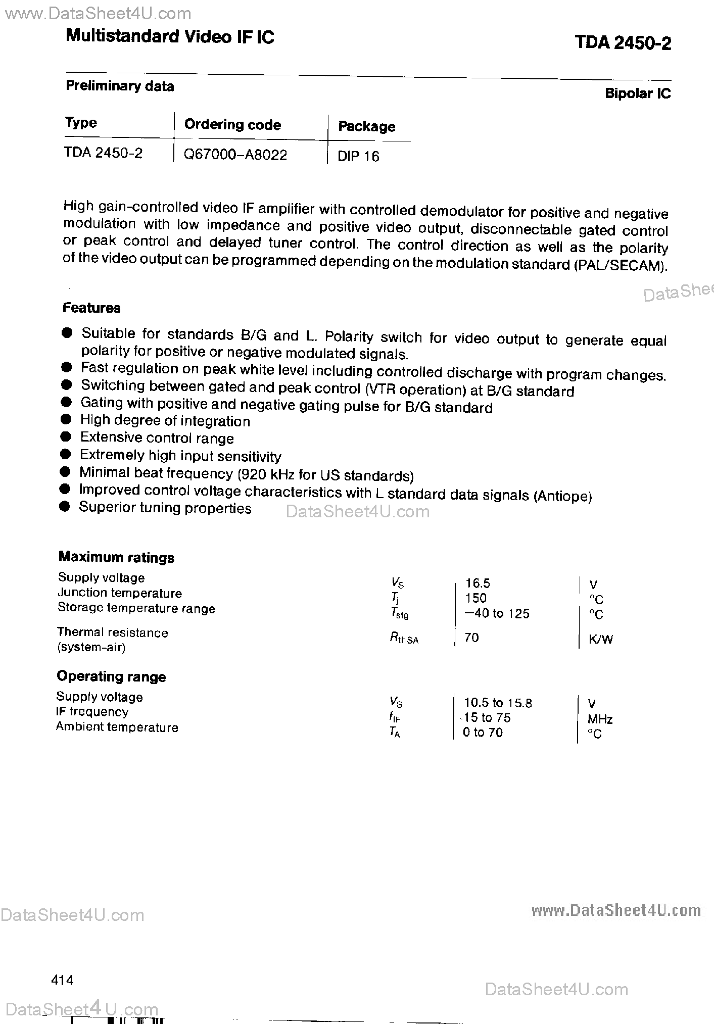 Datasheet TDA2450-2 - High Gain Controlled Video IF Amplifier page 1