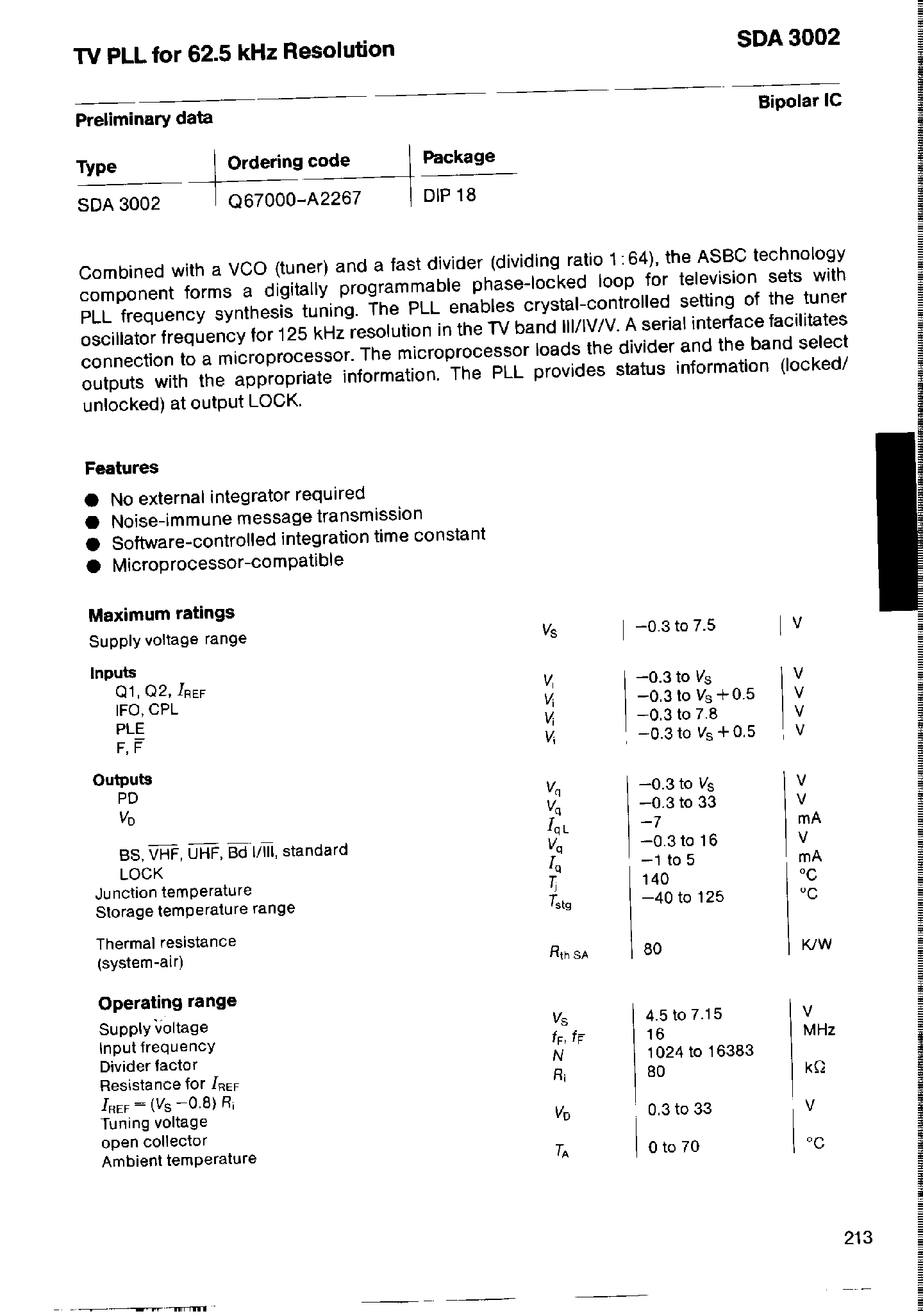 Datasheet SDA3002 - TV PLL for 62.5 Khz Resolution page 1