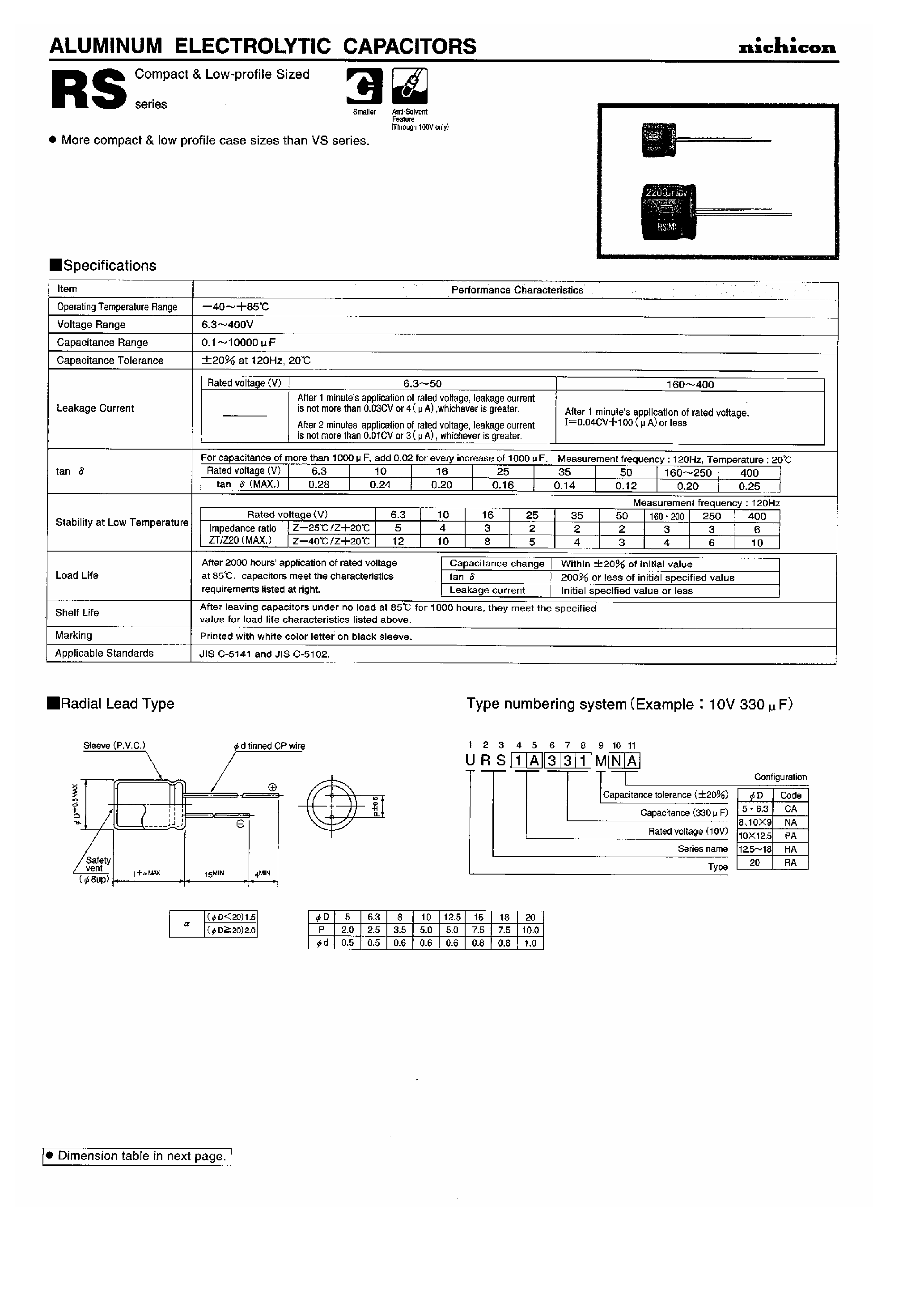 Datasheet URS1V102Mxx - Aluminum Electrolytic Capacitors page 1