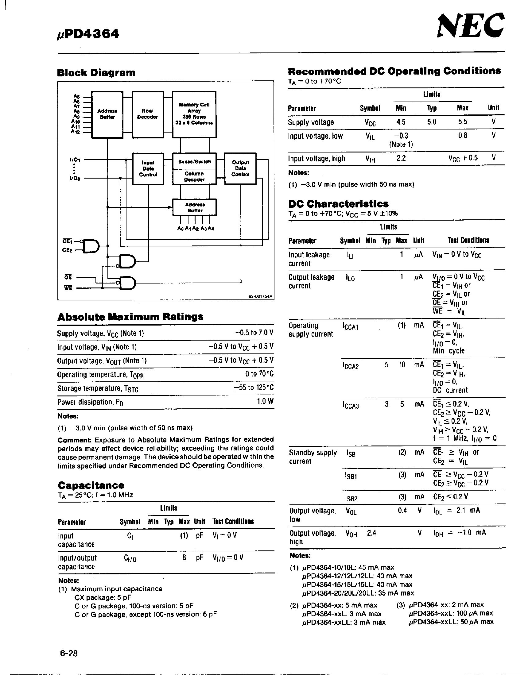 Даташит UPD4364 - 8192 x 8 Bit Static CMOS RAM страница 2