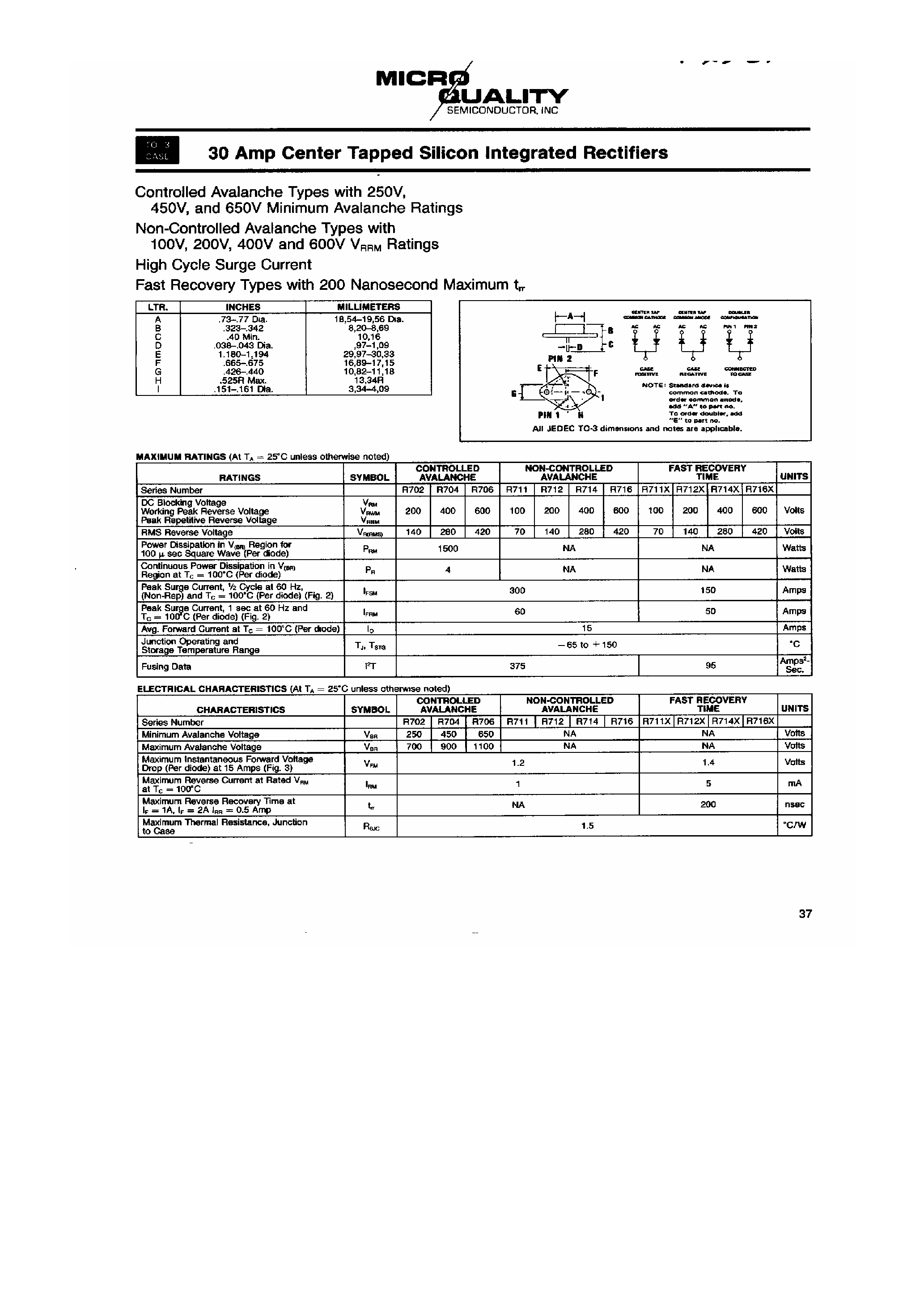 Datasheet R704 page 1 Datasheet R704 - 30 Amp Center Tapped Silicon Integrated Rectifiers page 1