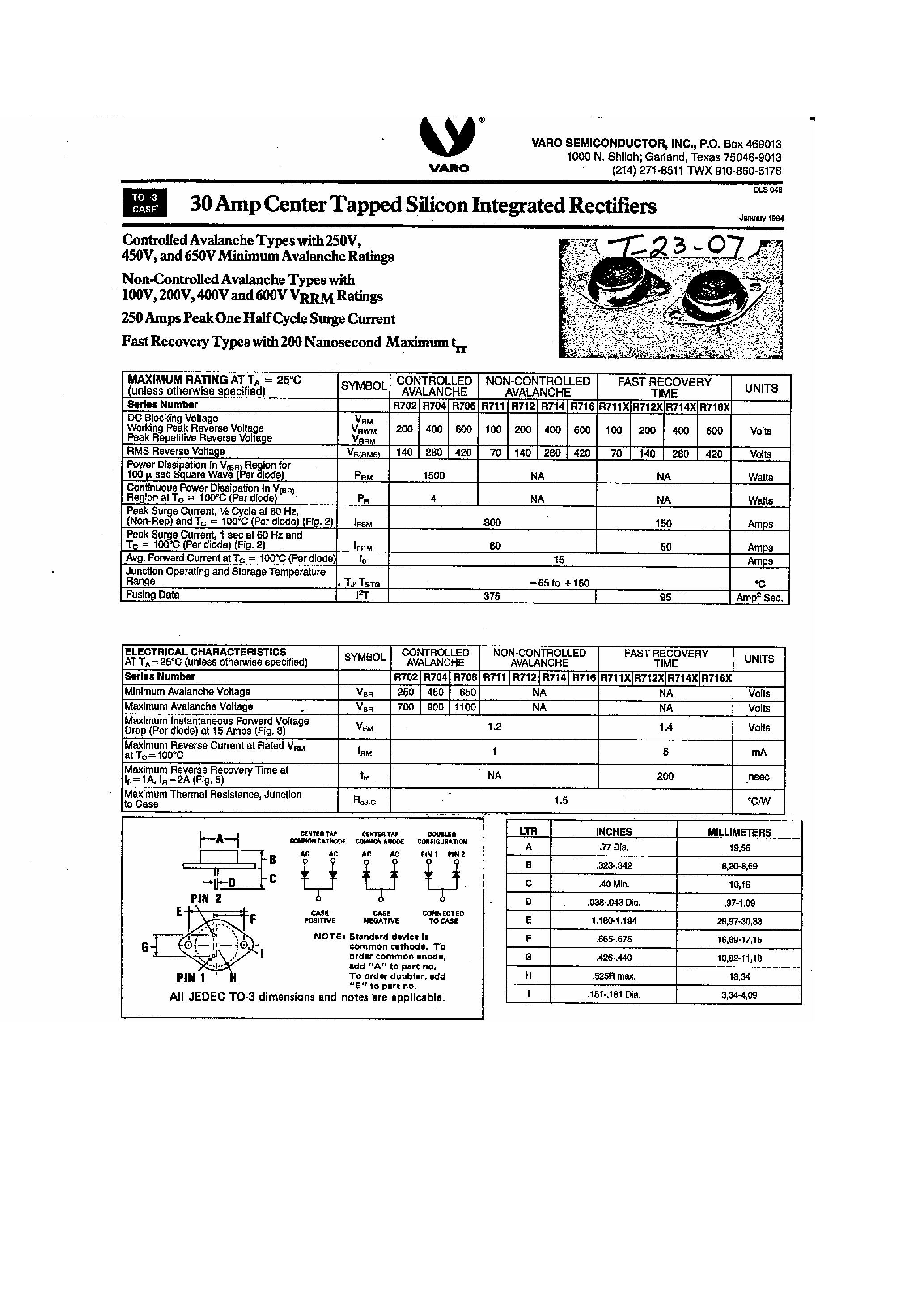 Datasheet R704 page 1 Datasheet R704 - 30 Amp Center Tapped Silicon Integrated Rectifiers page 1