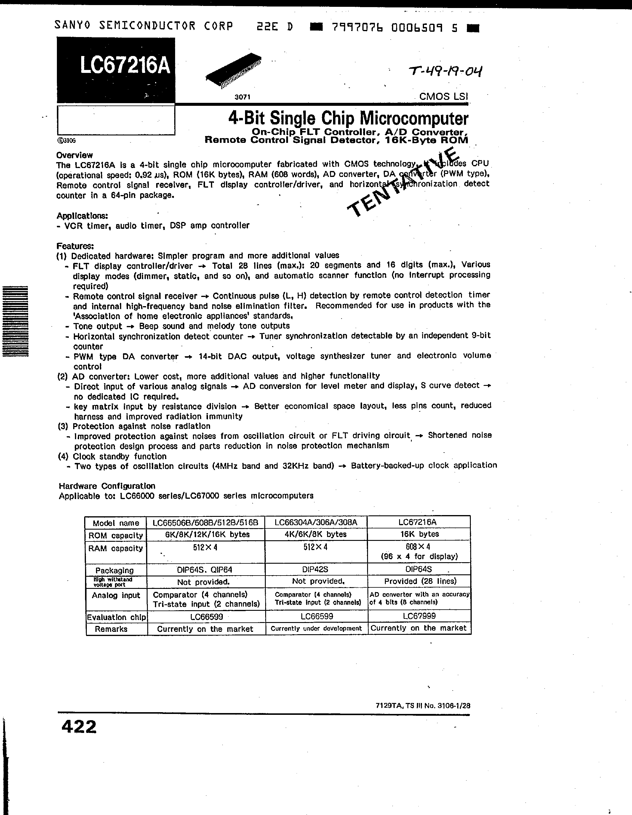 Datasheet LC67216A page 1 Datasheet LC67216A - 4 Bit Single Chip Microcomputer page 1