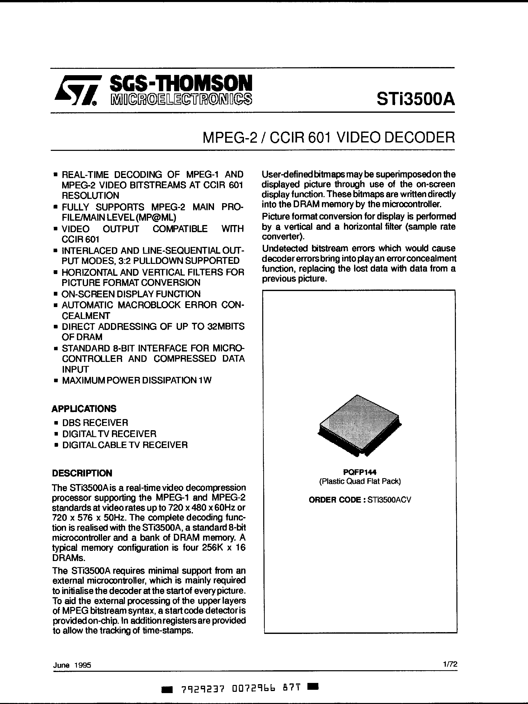 Datasheet STI3500A - MPEG-2/CCIR 601 VIDEO DECODER page 1