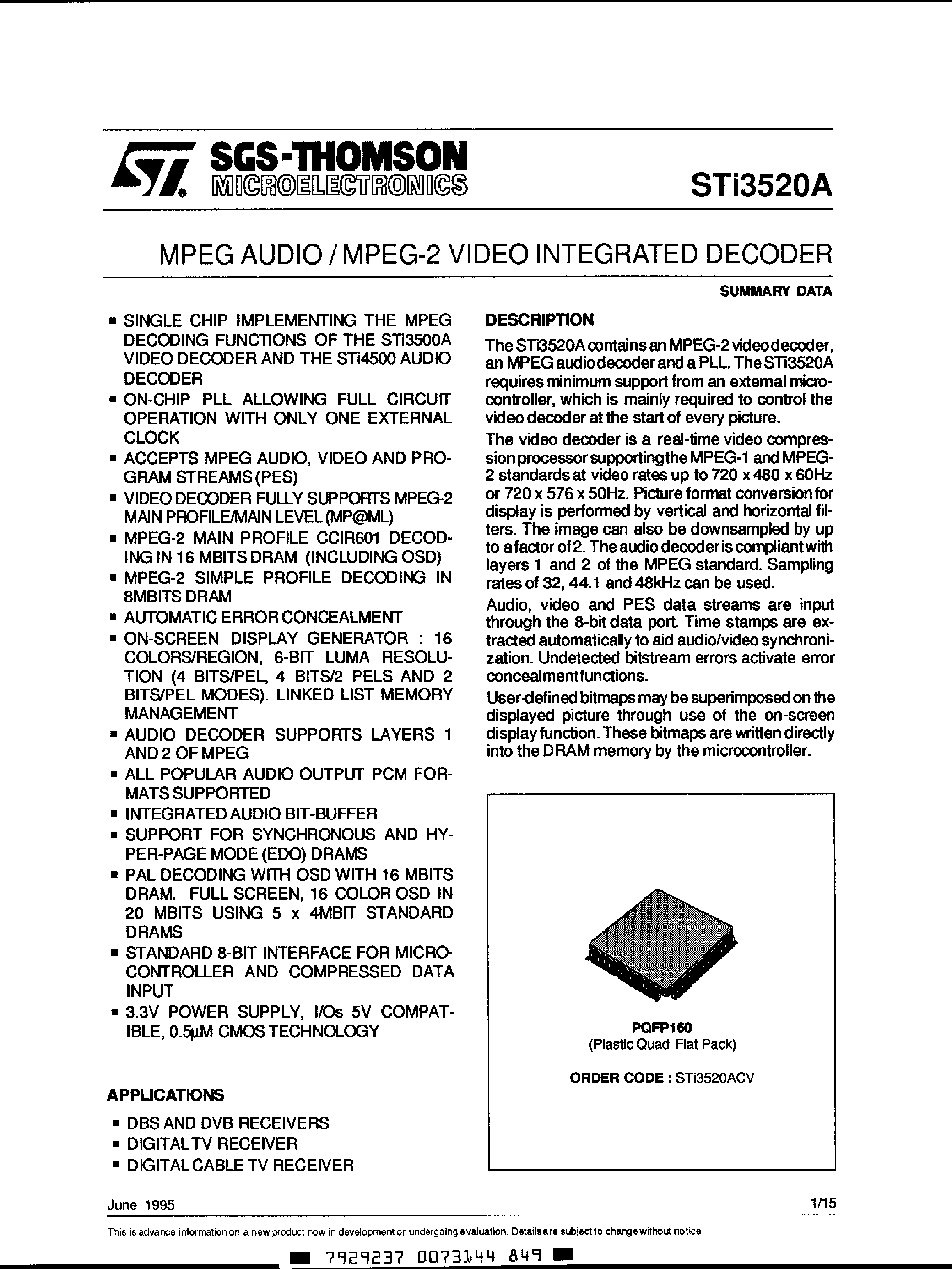 Datasheet STi3520A - MPEG Audio / MPEG-2 Video Integrated Decoder page 1