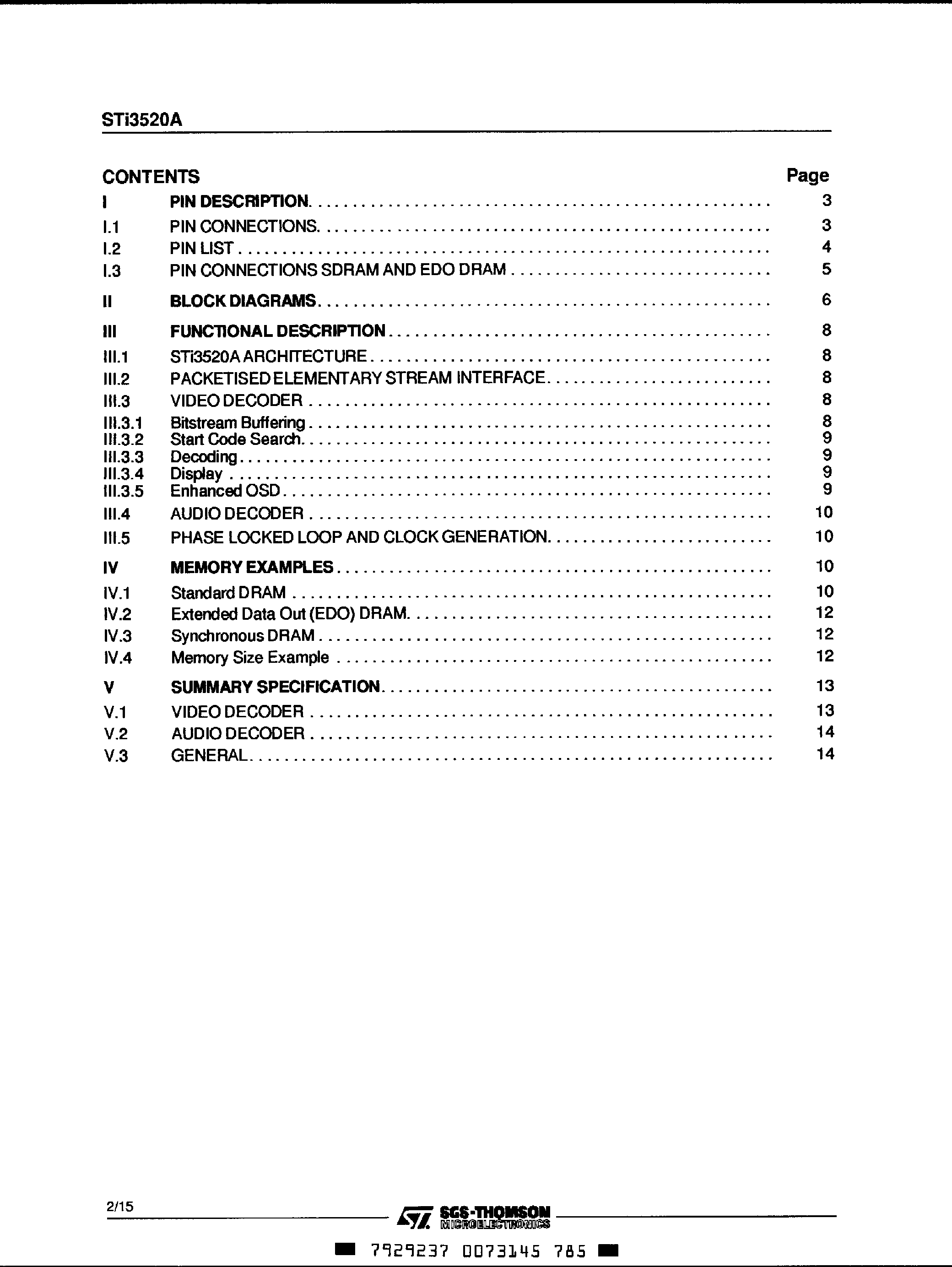 Datasheet STi3520A - MPEG Audio / MPEG-2 Video Integrated Decoder page 2