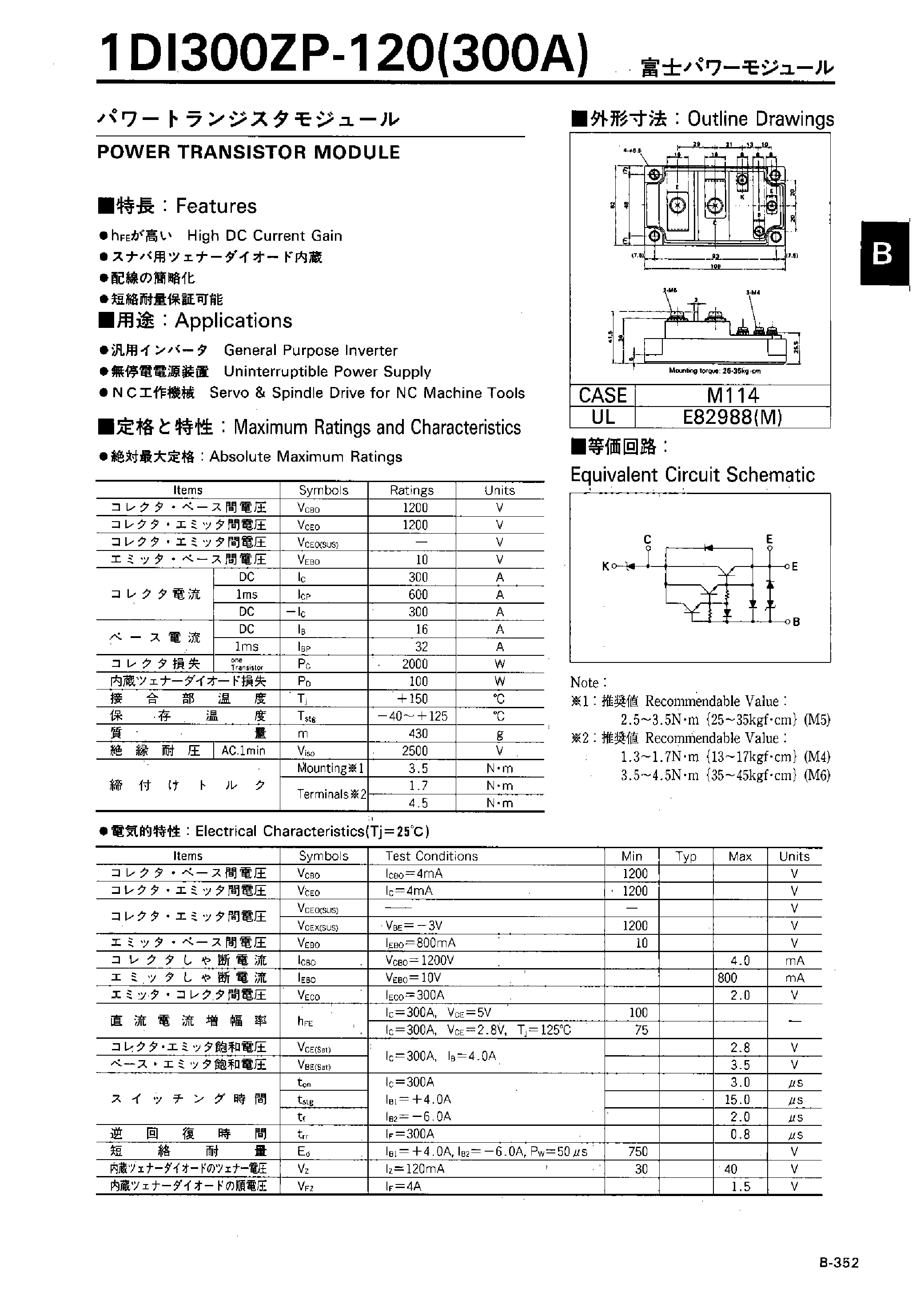 Datasheet 1DI300ZP-120 page 1 Datasheet 1DI300ZP-120 - Power Transistor Module page 1