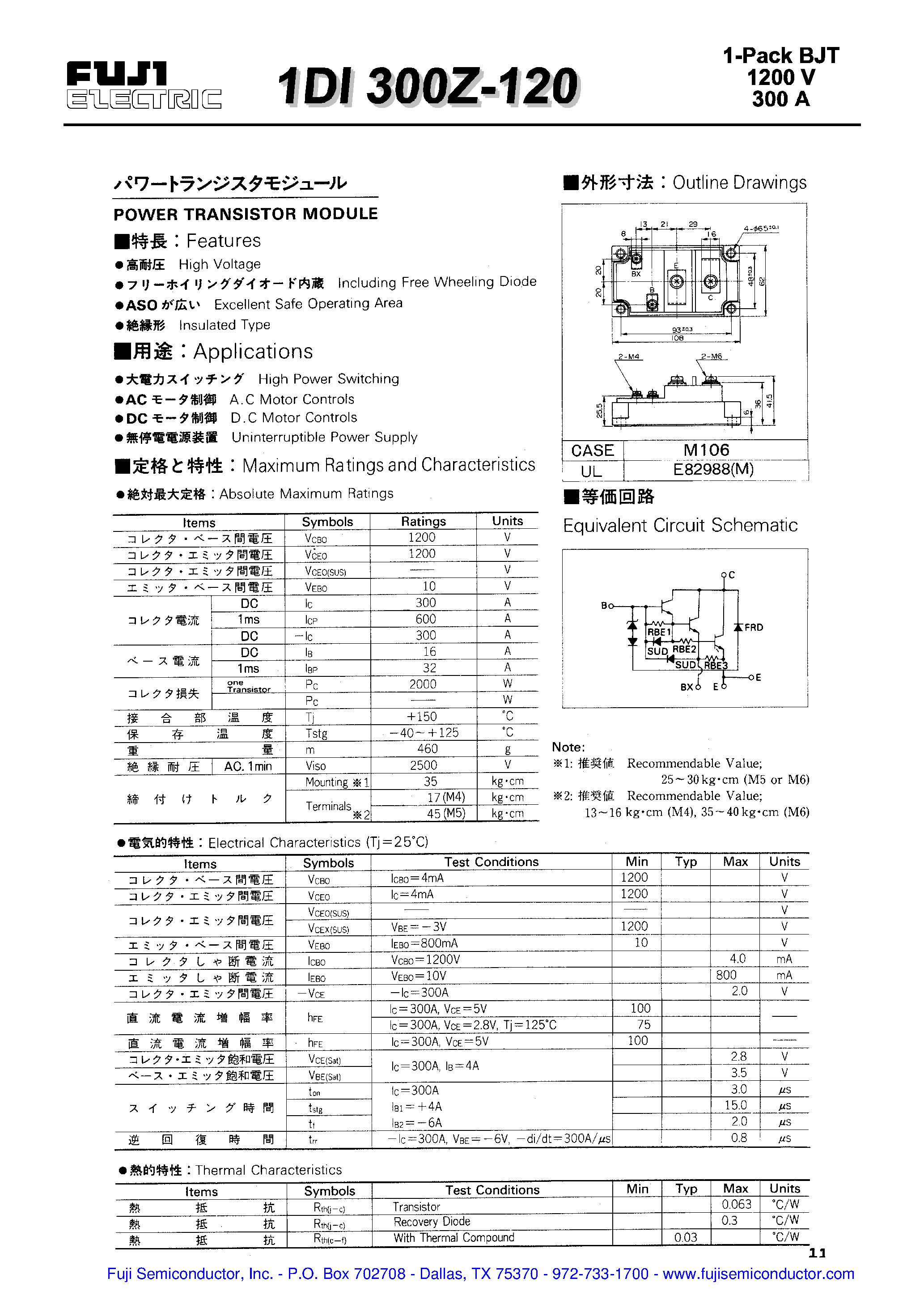 Datasheet 1DI300Z-120 page 1 Datasheet 1DI300Z-120 - Power Transistor Module page 1