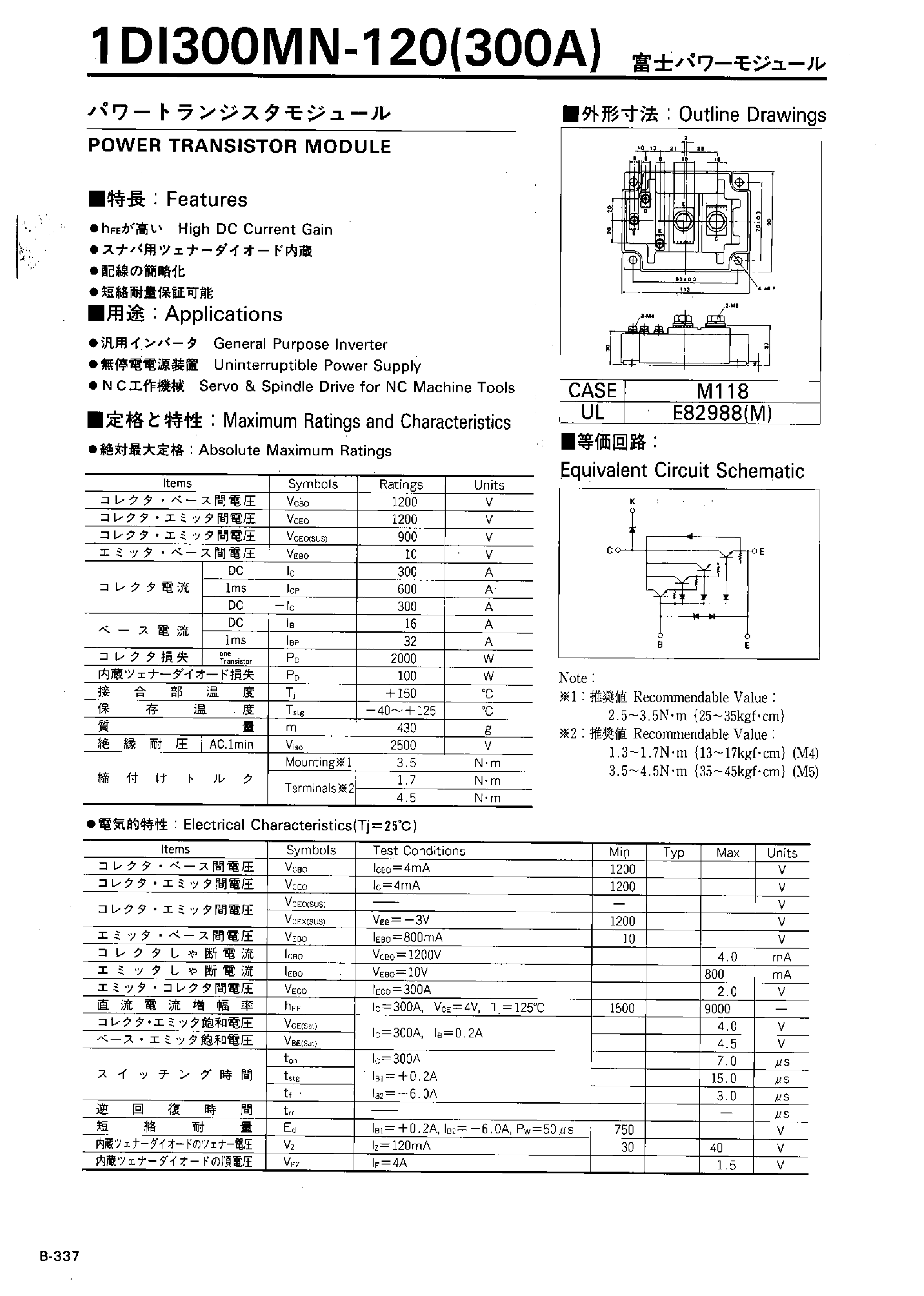 Datasheet 1DI300MN-120 - Power Transistor Module page 1