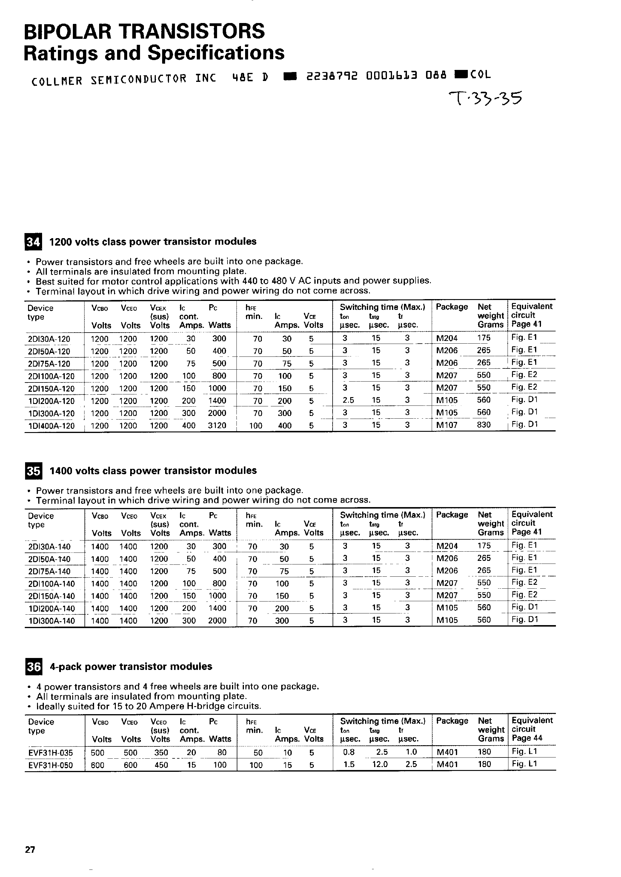 Datasheet 1DI300A140 - Power Transistor Module page 1