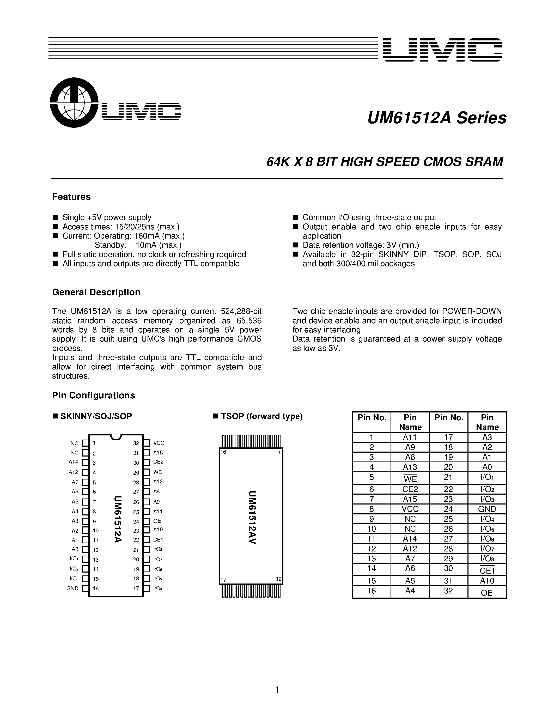 Даташит UM61512A - 64k x 8 Bit High Speed CMOS SRAM страница 1