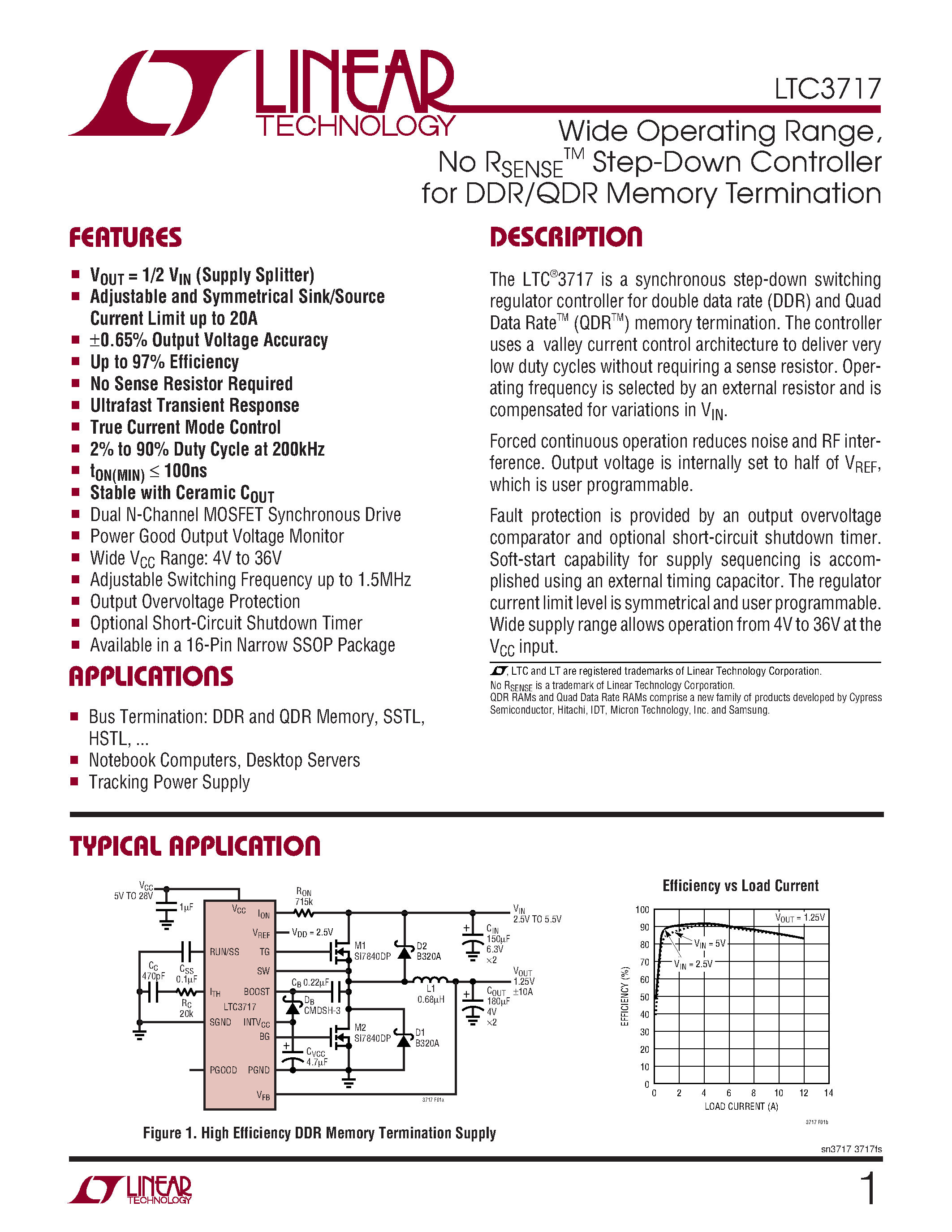 Datasheet LTC3717 - Wide Operating Range / No RSENSE Step-Down Controller for DDR/QDR Memory Termination page 1