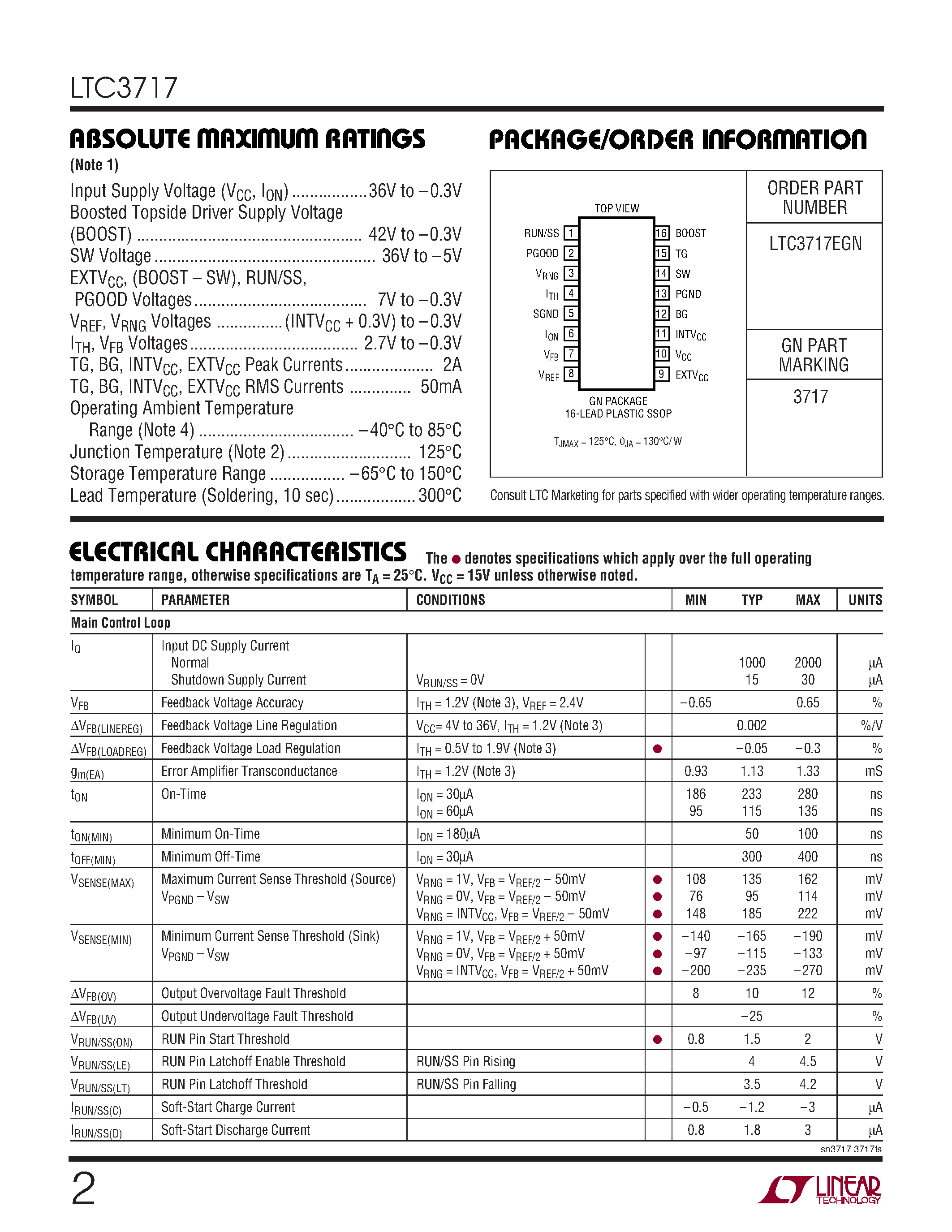 Datasheet LTC3717 - Wide Operating Range / No RSENSE Step-Down Controller for DDR/QDR Memory Termination page 2