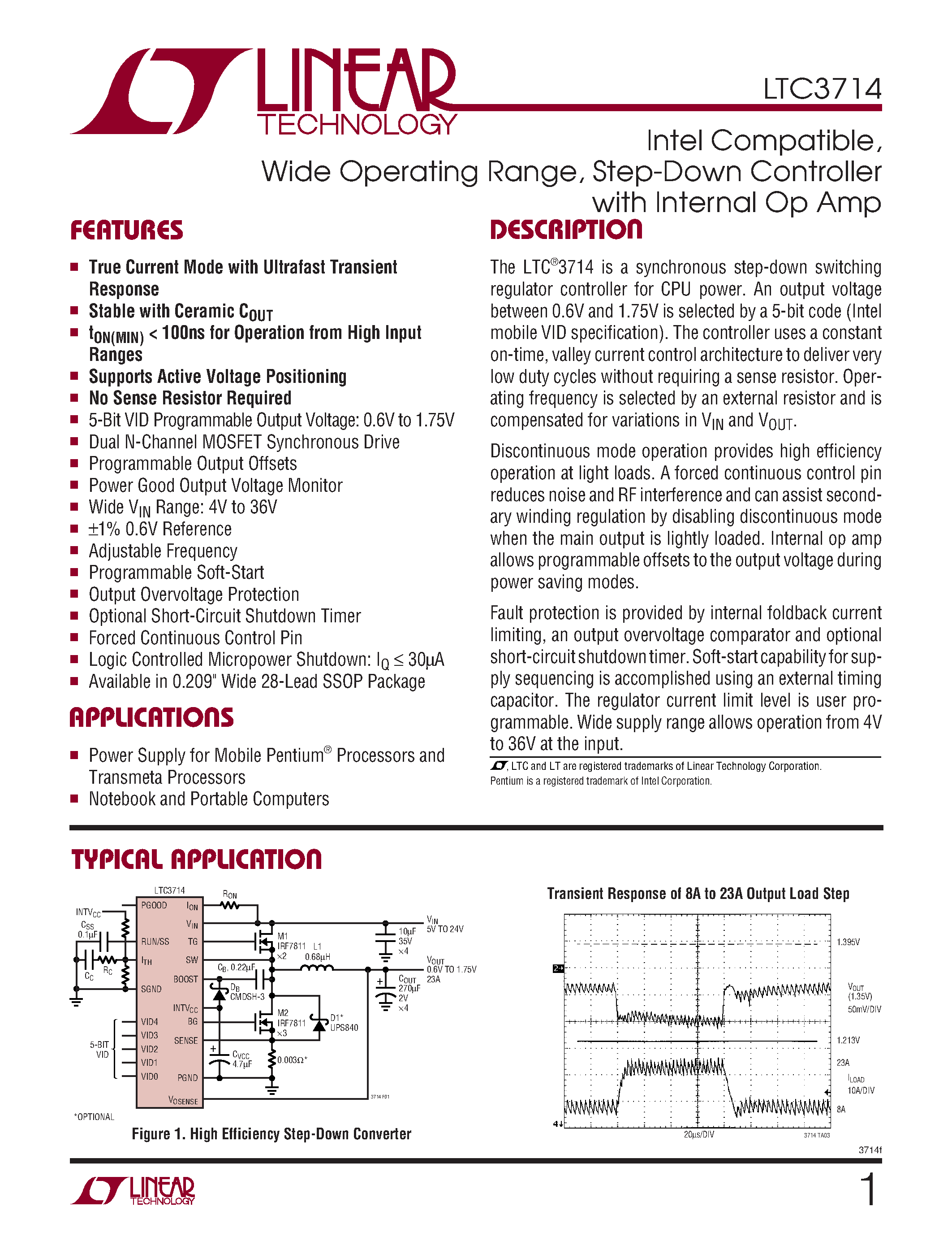 Datasheet LTC3714 - Wide Operating Range / Step-Down Controller with Internal Op Amp page 1