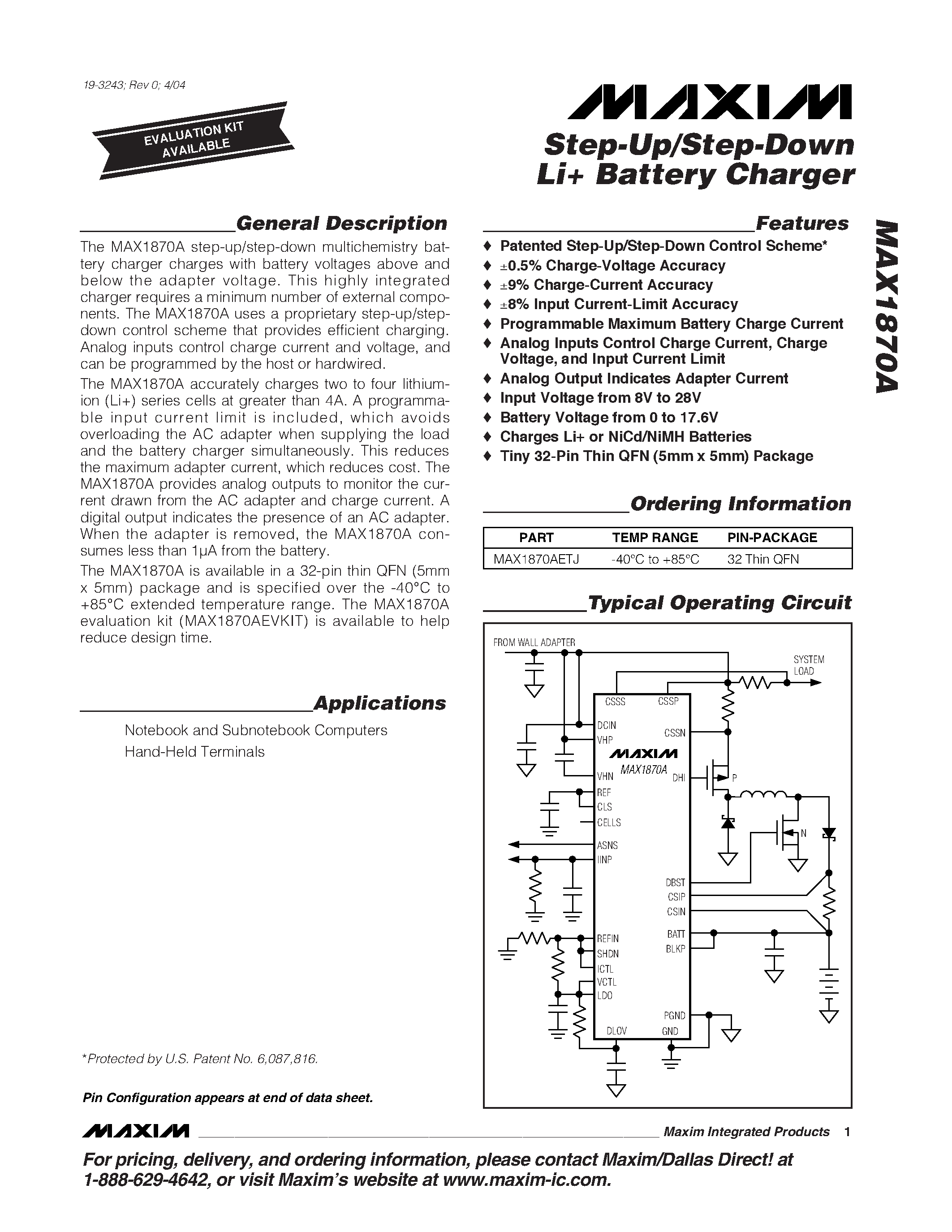 Даташит MAX1870A - Step-Up / Step-Down Li+ Battery Charger страница 1