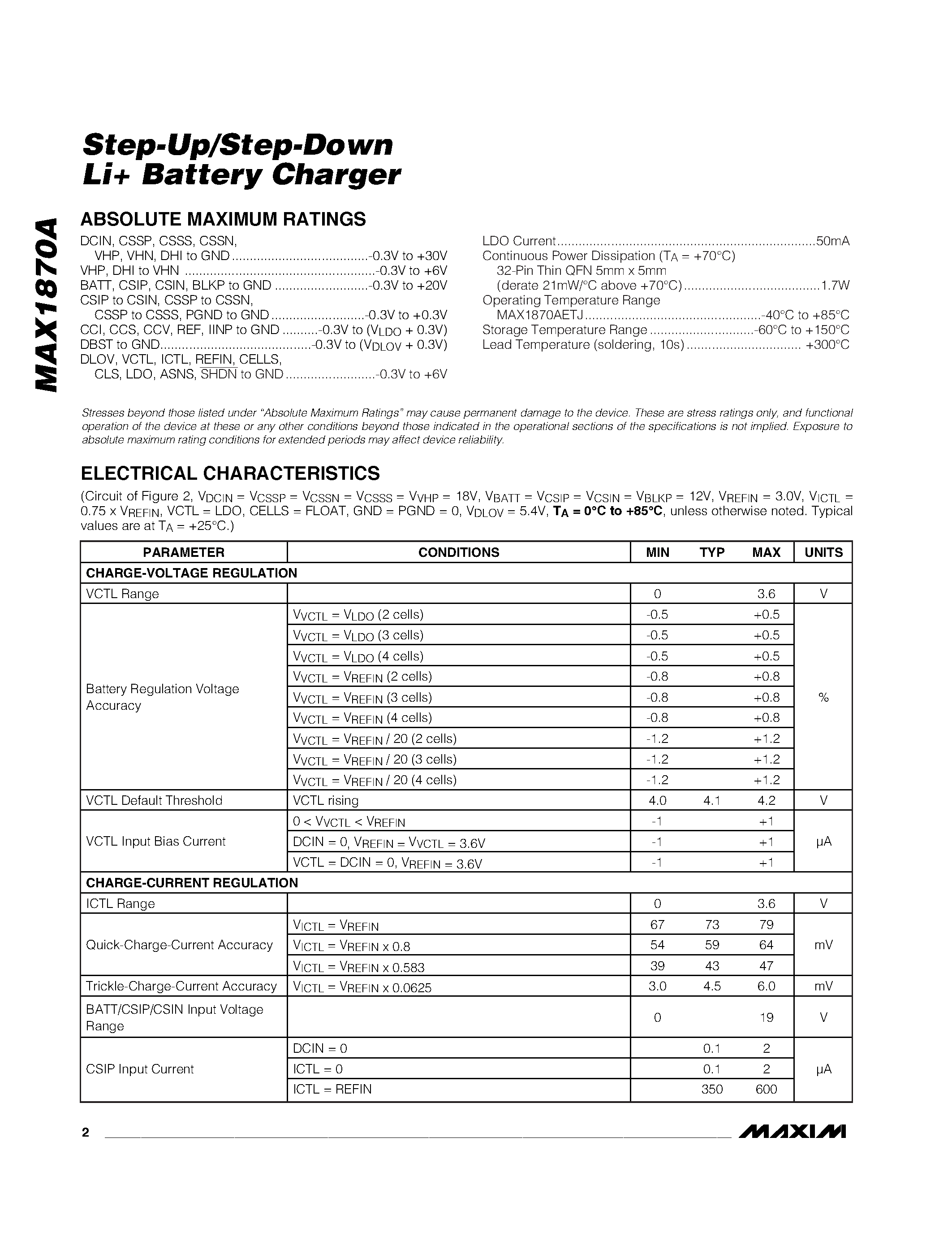 Даташит MAX1870A - Step-Up / Step-Down Li+ Battery Charger страница 2