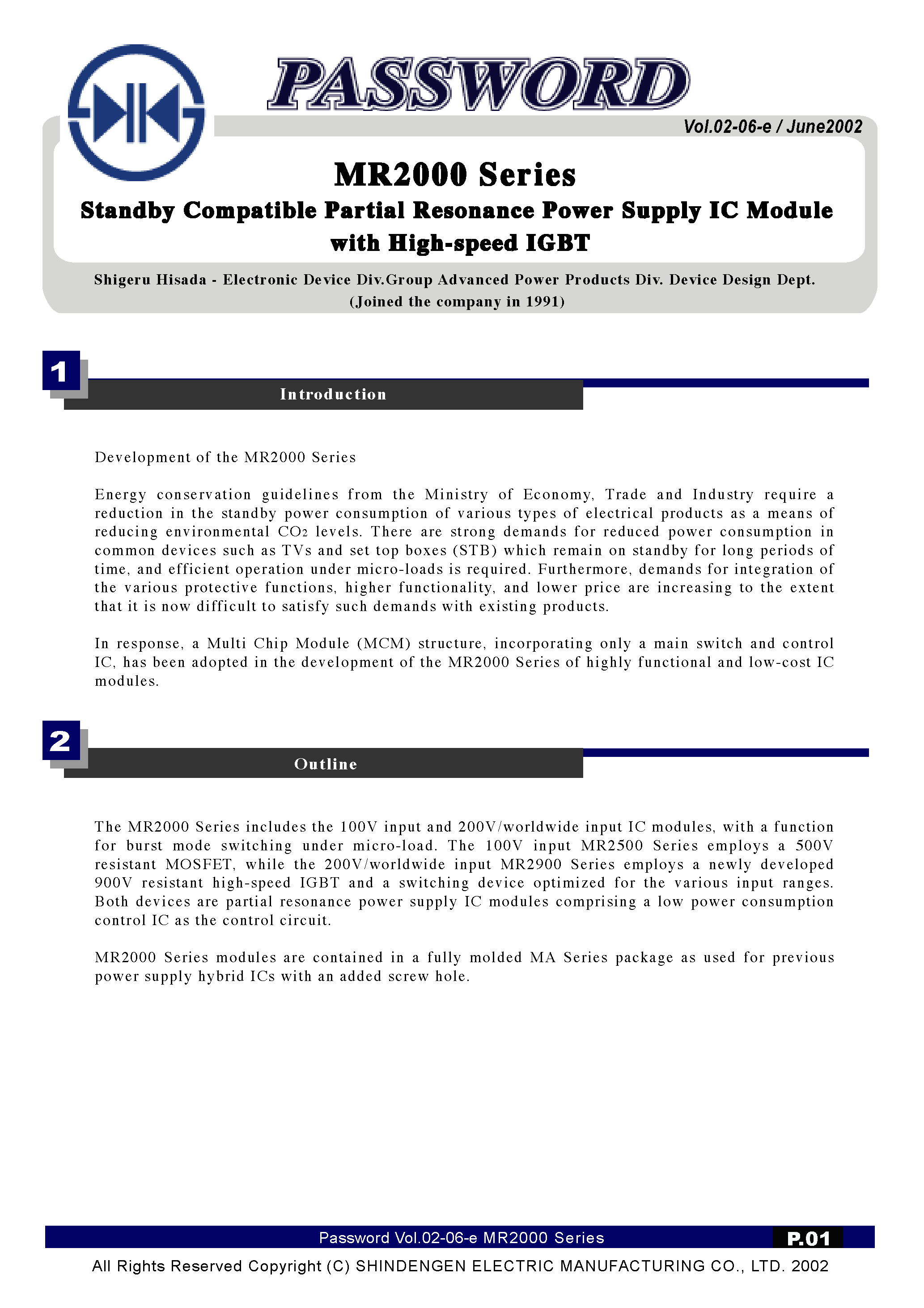 Datasheet MR2920 page 1 Datasheet MR2920 - (MR2900 Series) Standby Compatible Partial Resonance Power Supply IC Module page 1