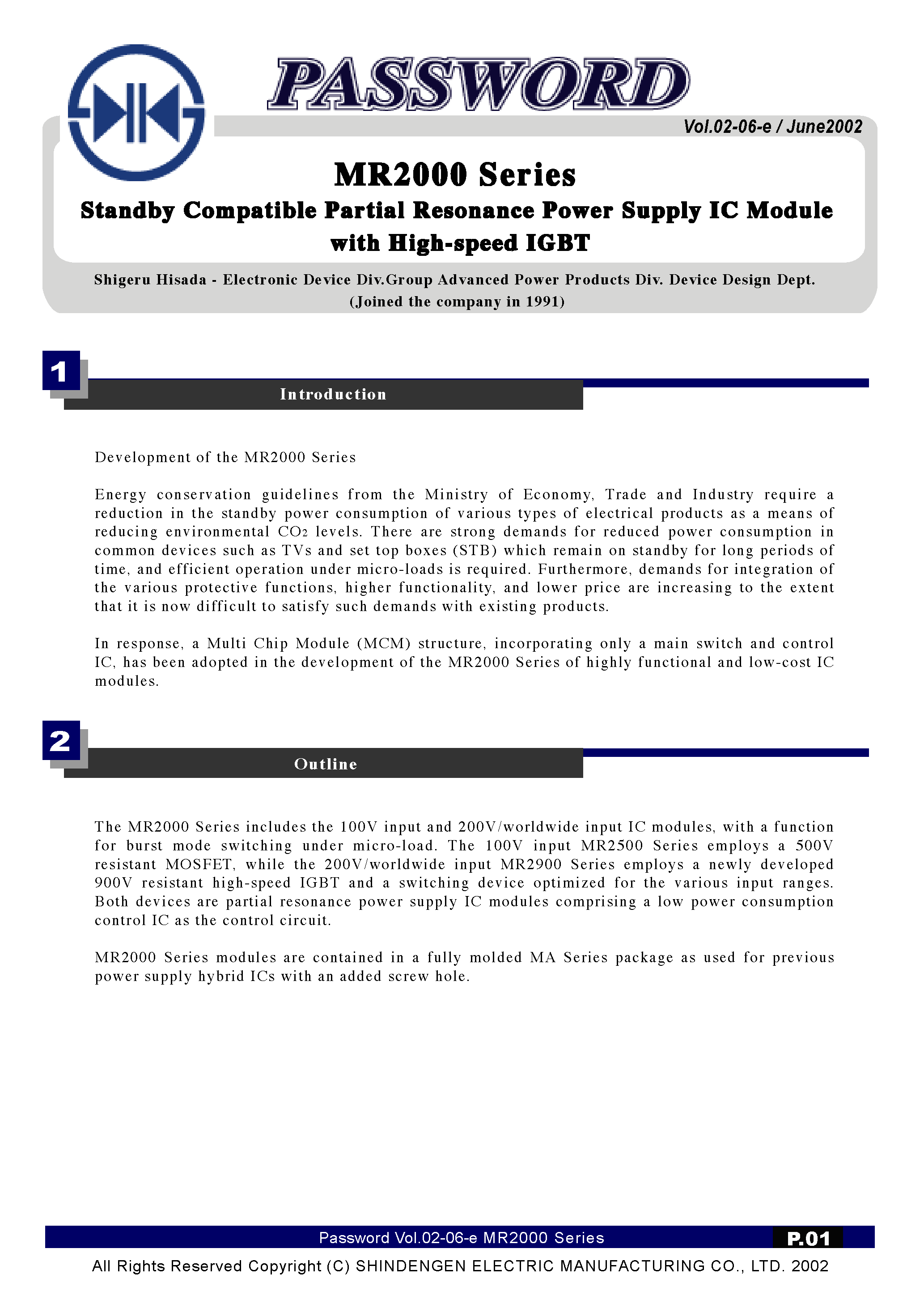 Datasheet MR2920 - (MR2900 Series) Standby Compatible Partial Resonance Power Supply IC Module page 1