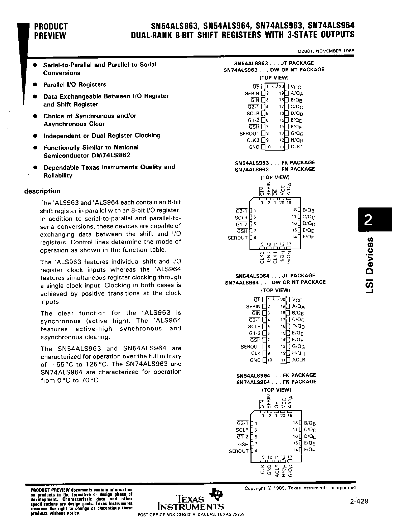 Datasheet SN54ALS964 - (SN54ALS963) Dual Bank 8 Bit Shift Registers with 3 State Outputs page 1