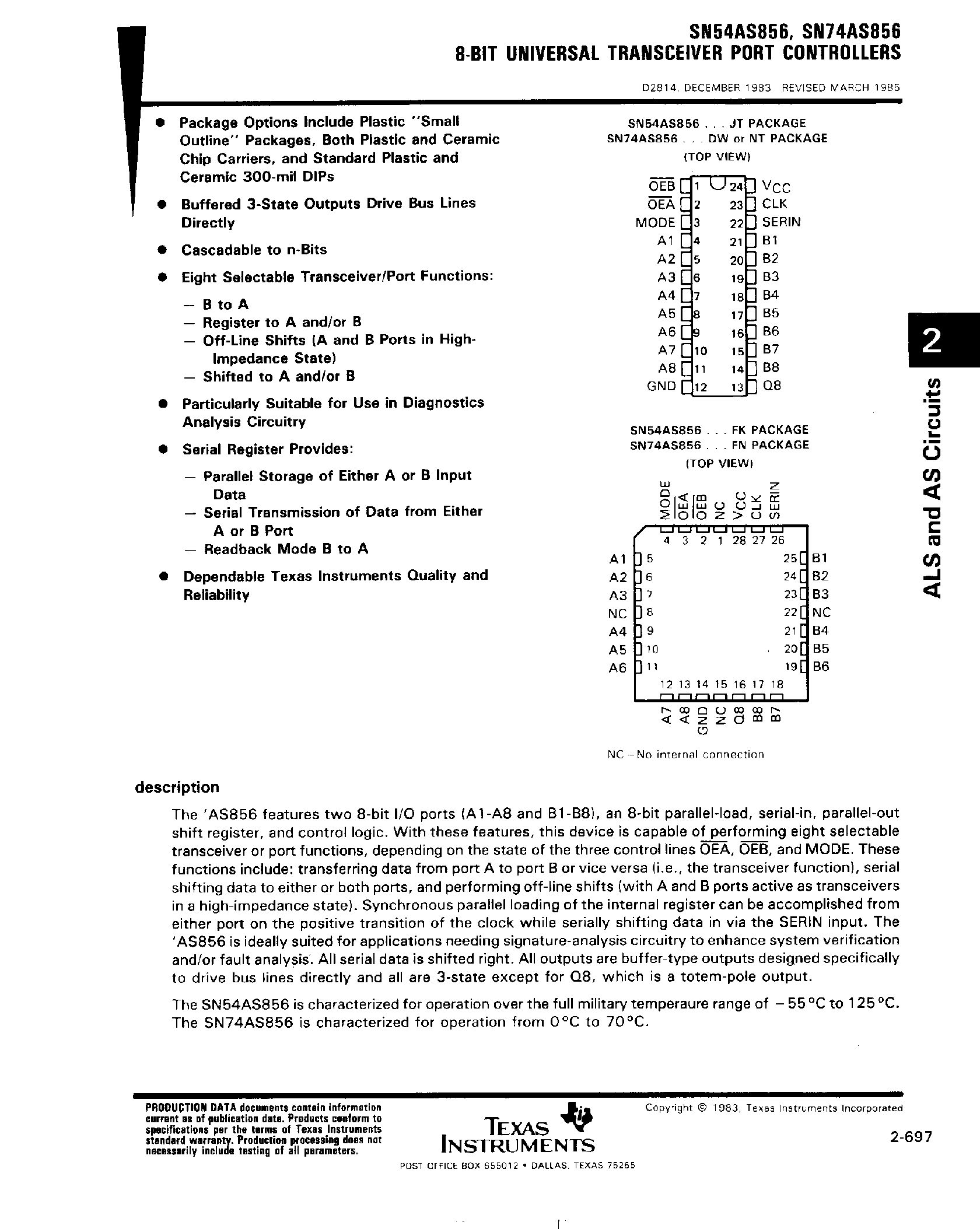 Даташит SN54AS856 - 8 Bit Universal Transceiver Port Controllers страница 1