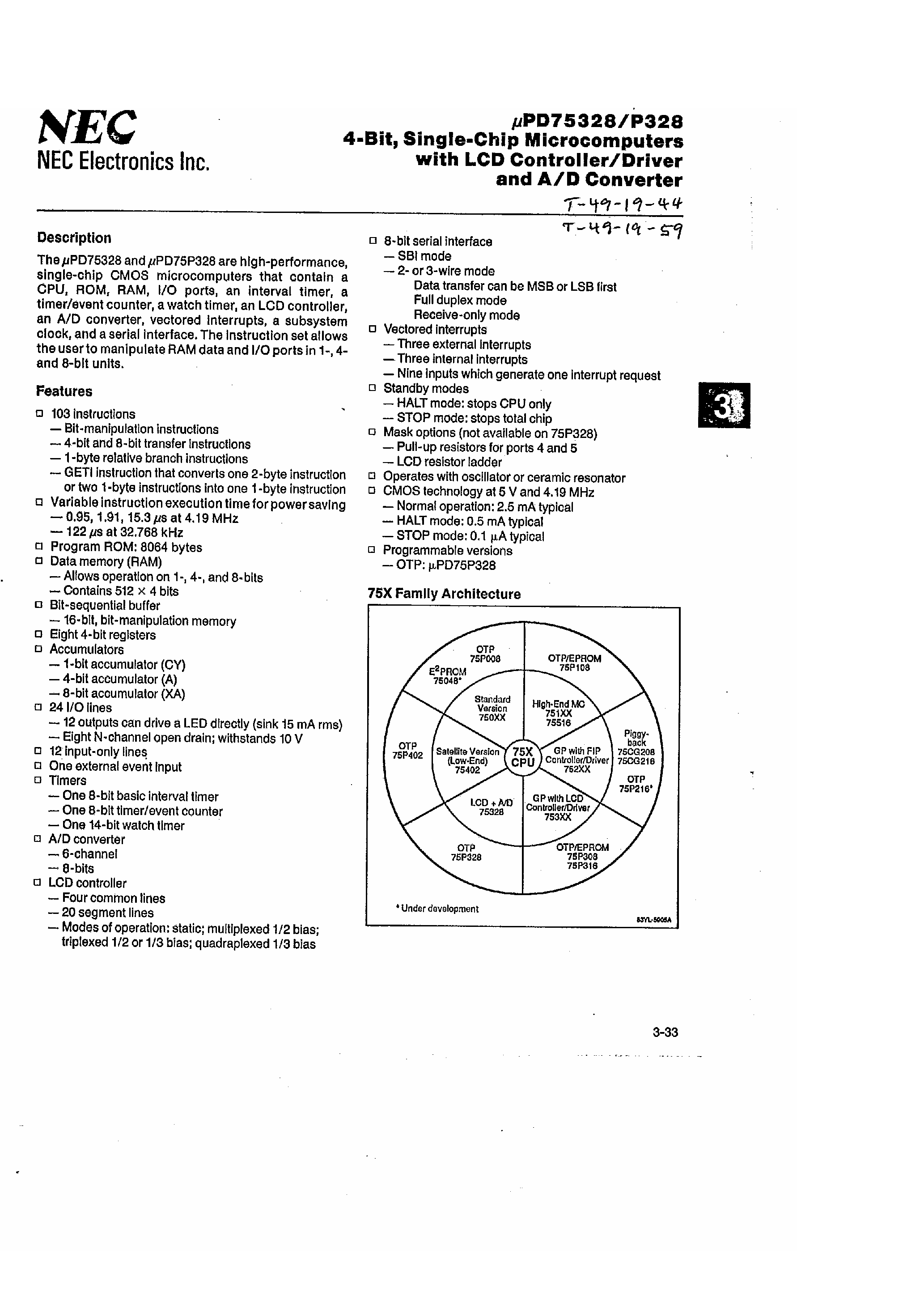 Datasheet UPD75P328 - 4 Bit Single-Chip Microcomputers with LCD Controller / Driver and A/D Converter page 1