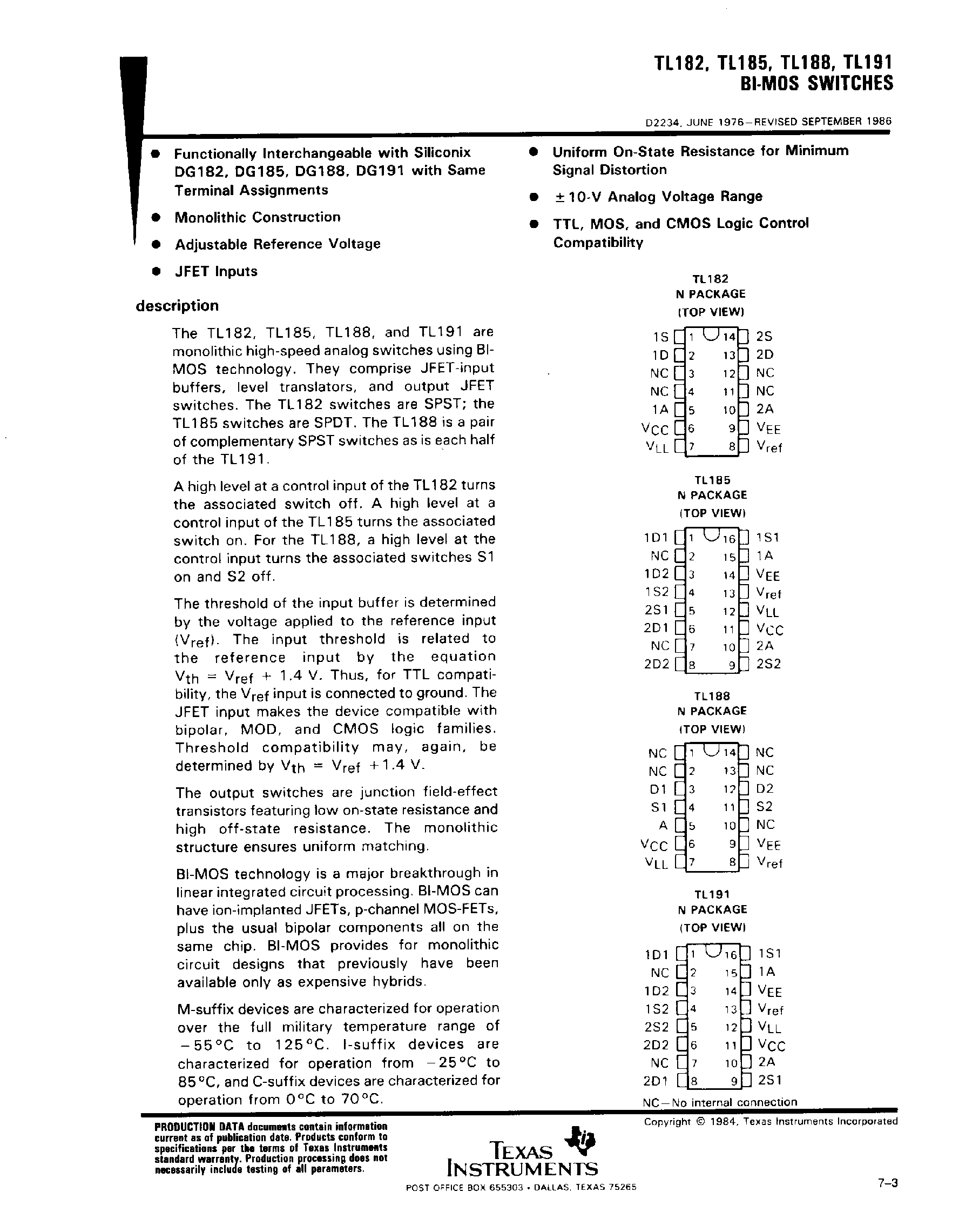 Datasheet TL191 page 1 Datasheet TL191 - BI-MOS Switches page 1