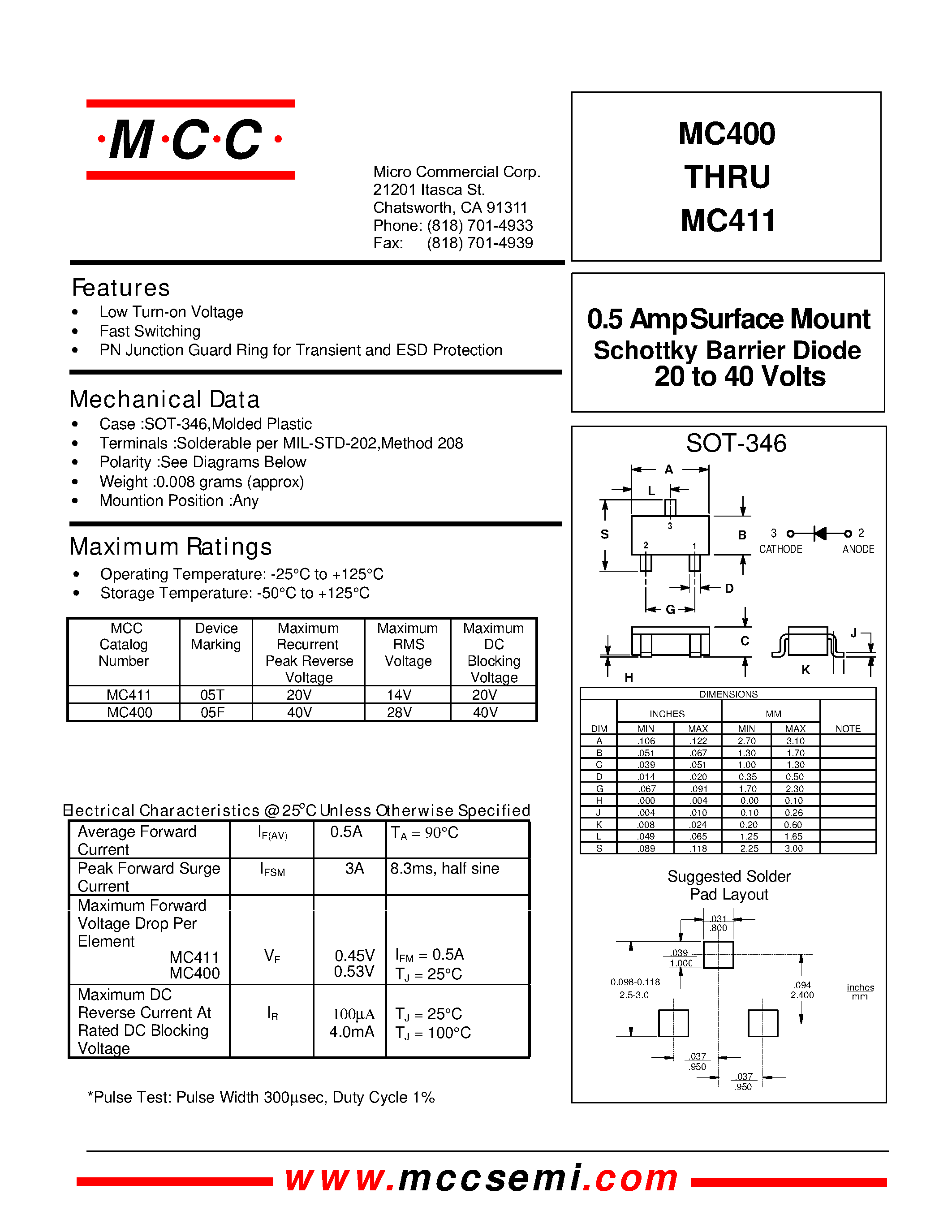 Даташит на микросхему MC400 страница 1 Даташит MC400 - 20 to 40 Volts 0.5 Amp Surface Mount Schottky Barrier Diode страница 1