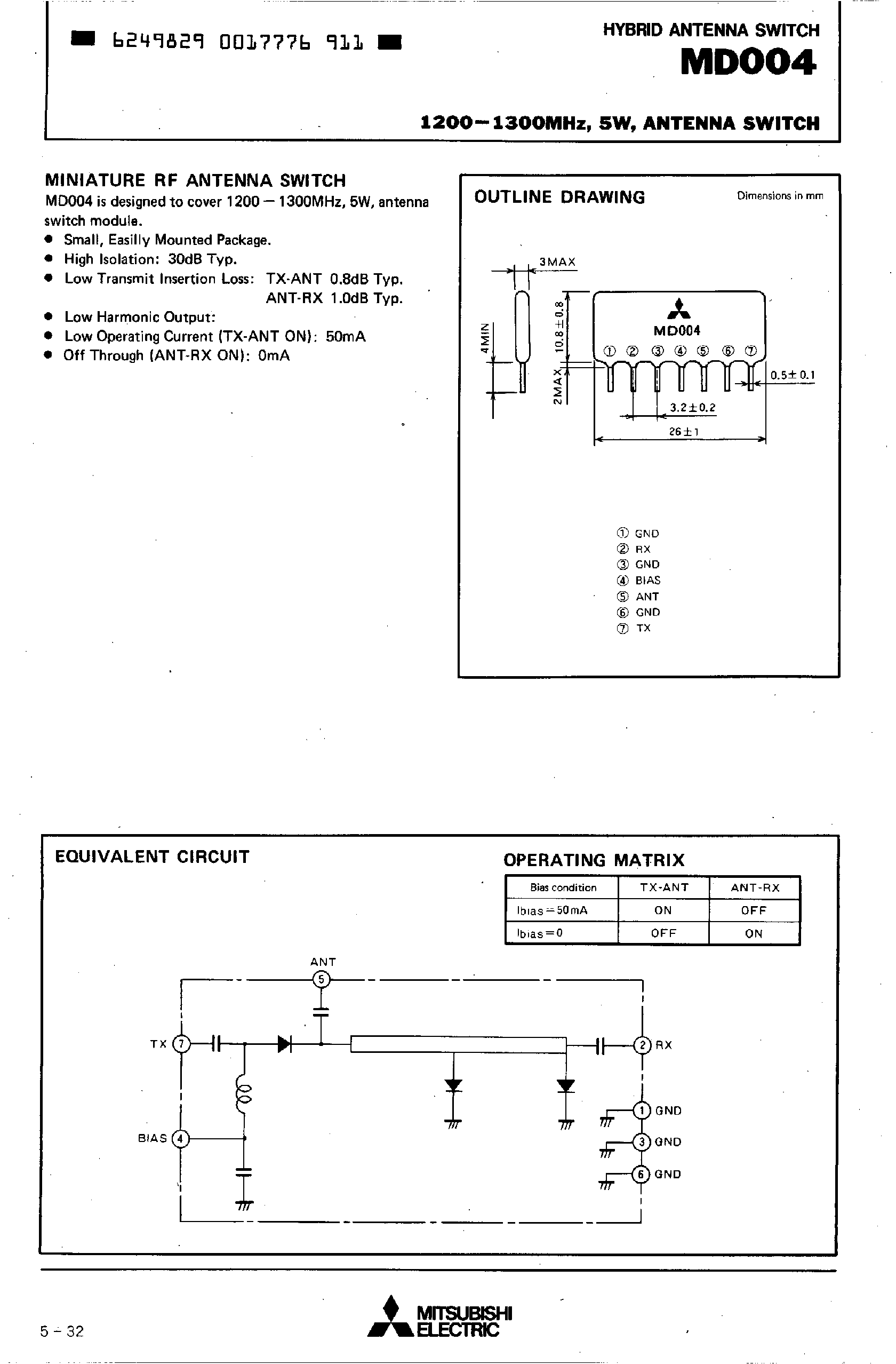 Datasheet MD004 page 1 Datasheet MD004 - 1200 - 1300 Mhz 25W Antenna Switch page 1