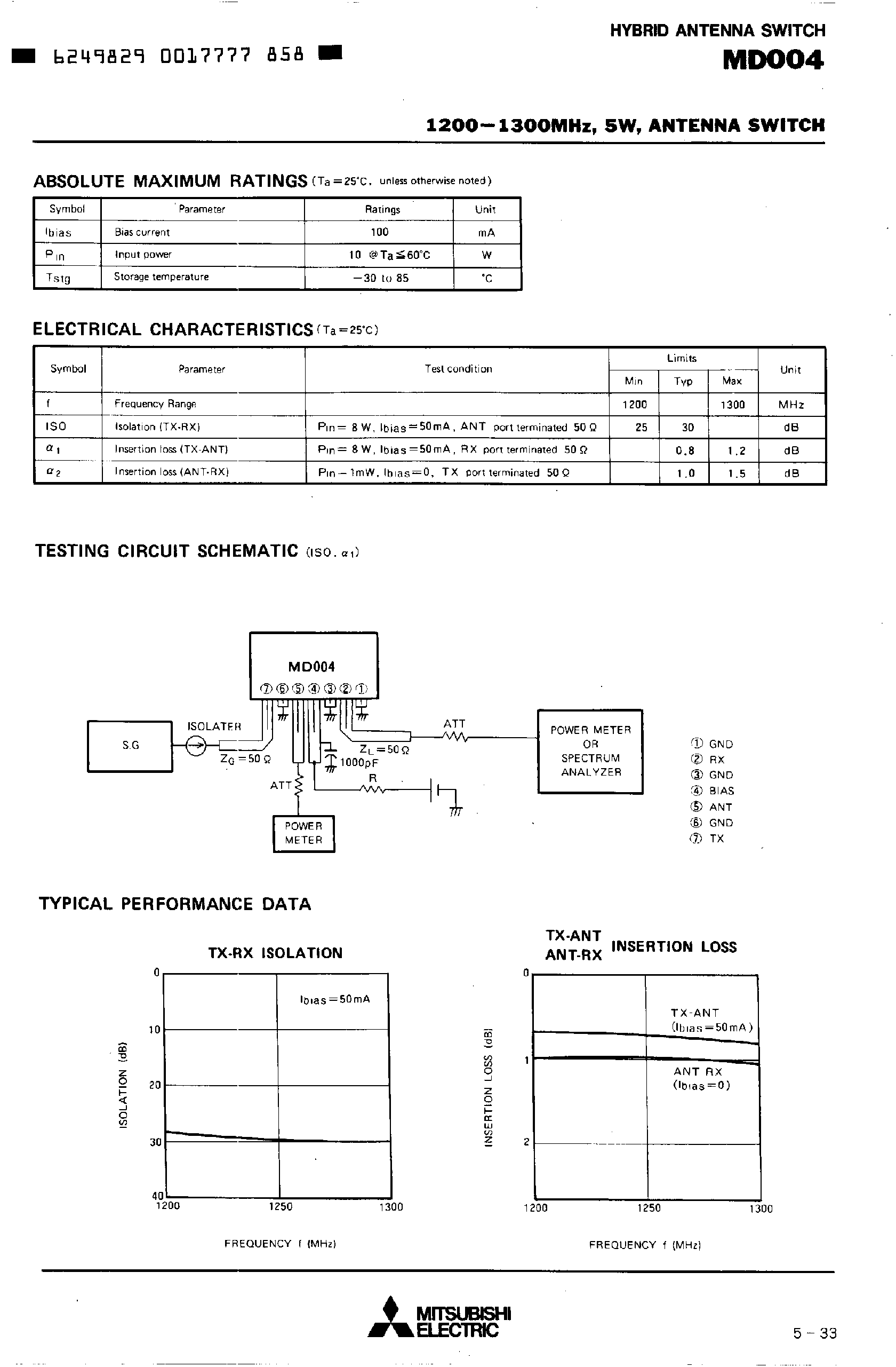 Datasheet MD004 page 2 Datasheet MD004 - 1200 - 1300 Mhz 25W Antenna Switch page 2