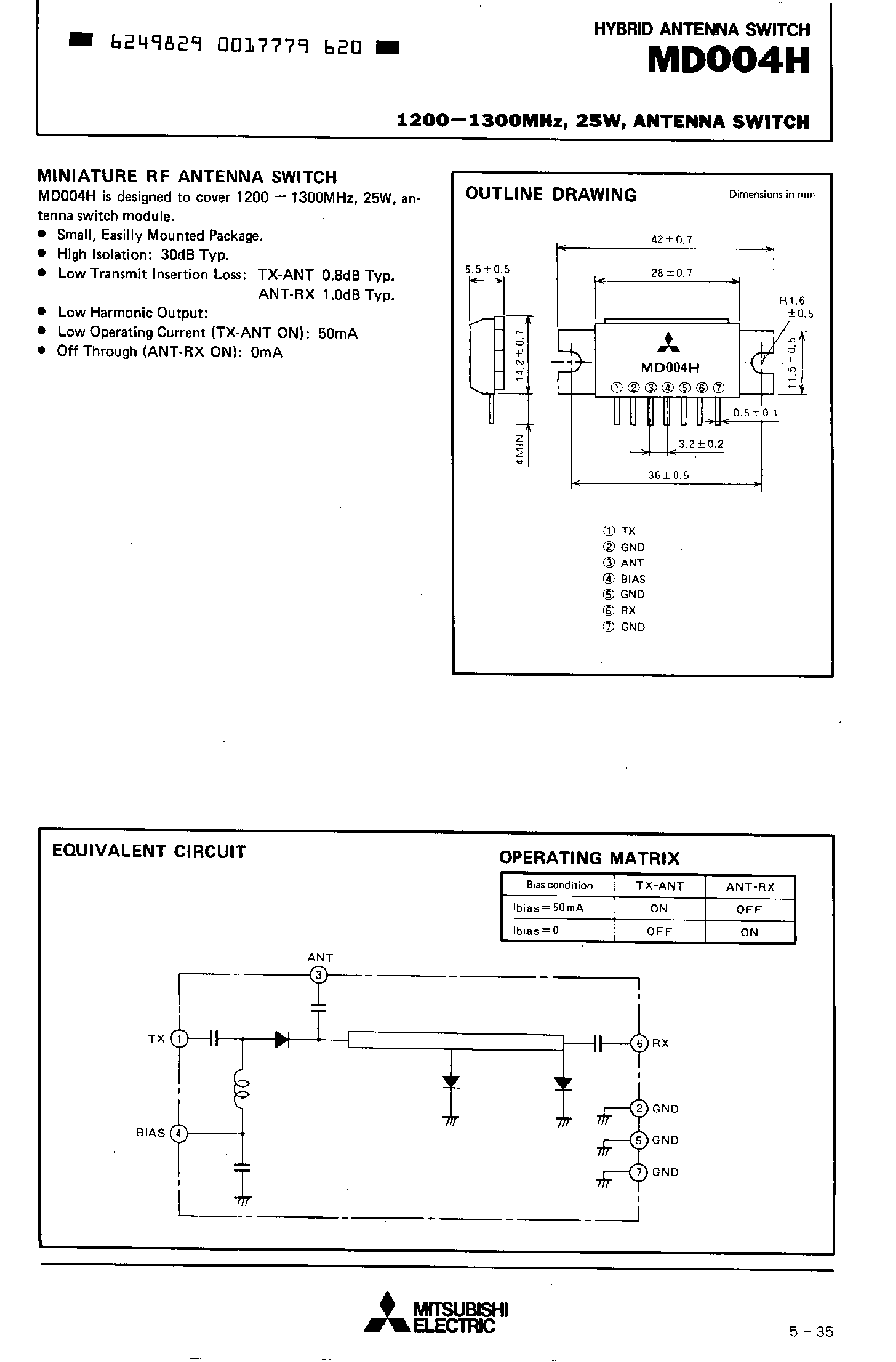 Datasheet MD004H page 1 Datasheet MD004H - 1200 - 1300 Mhz 25W Antenna Switch page 1