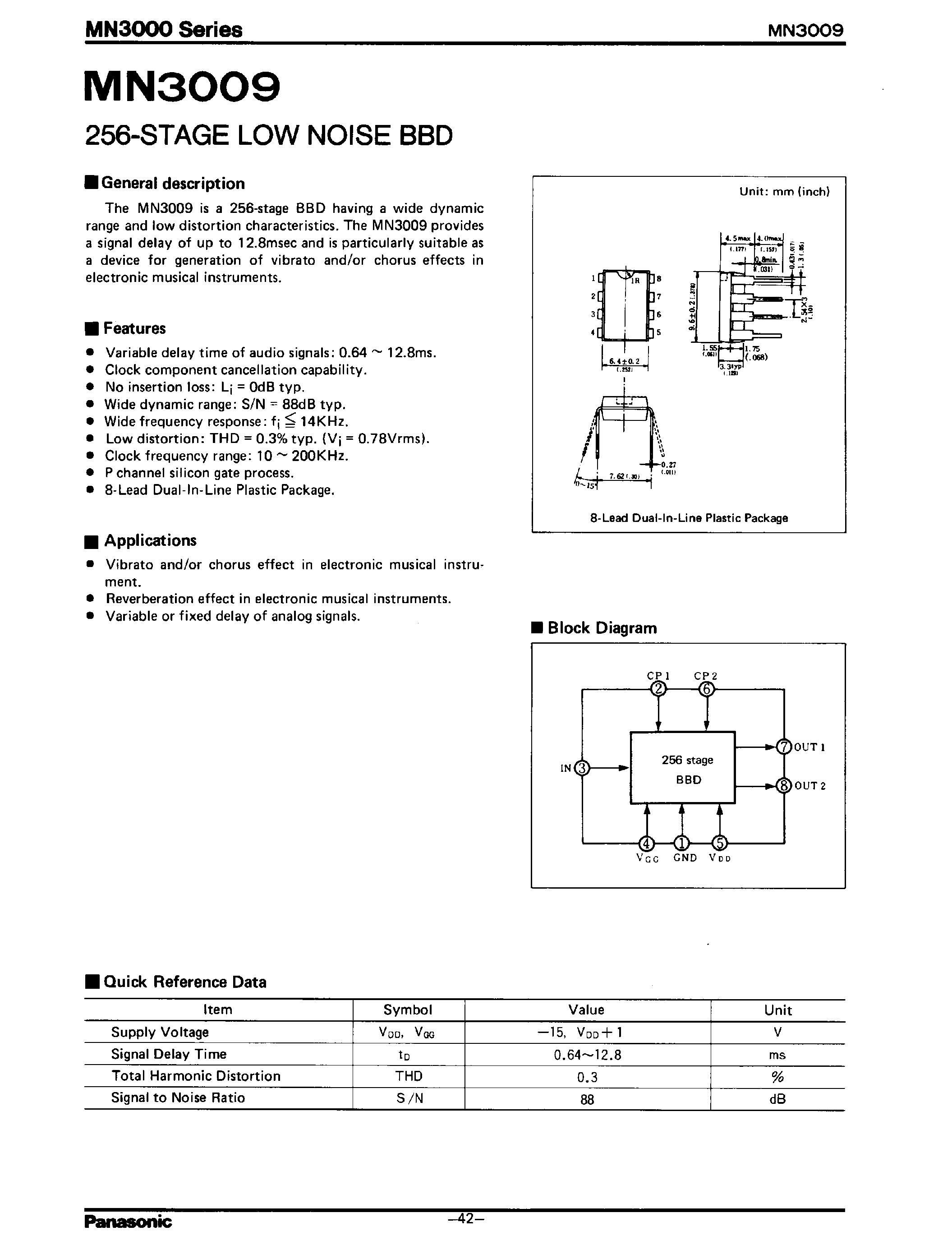 Datasheet MN3009 - 256-STAGE LOW NOISE BBD page 1