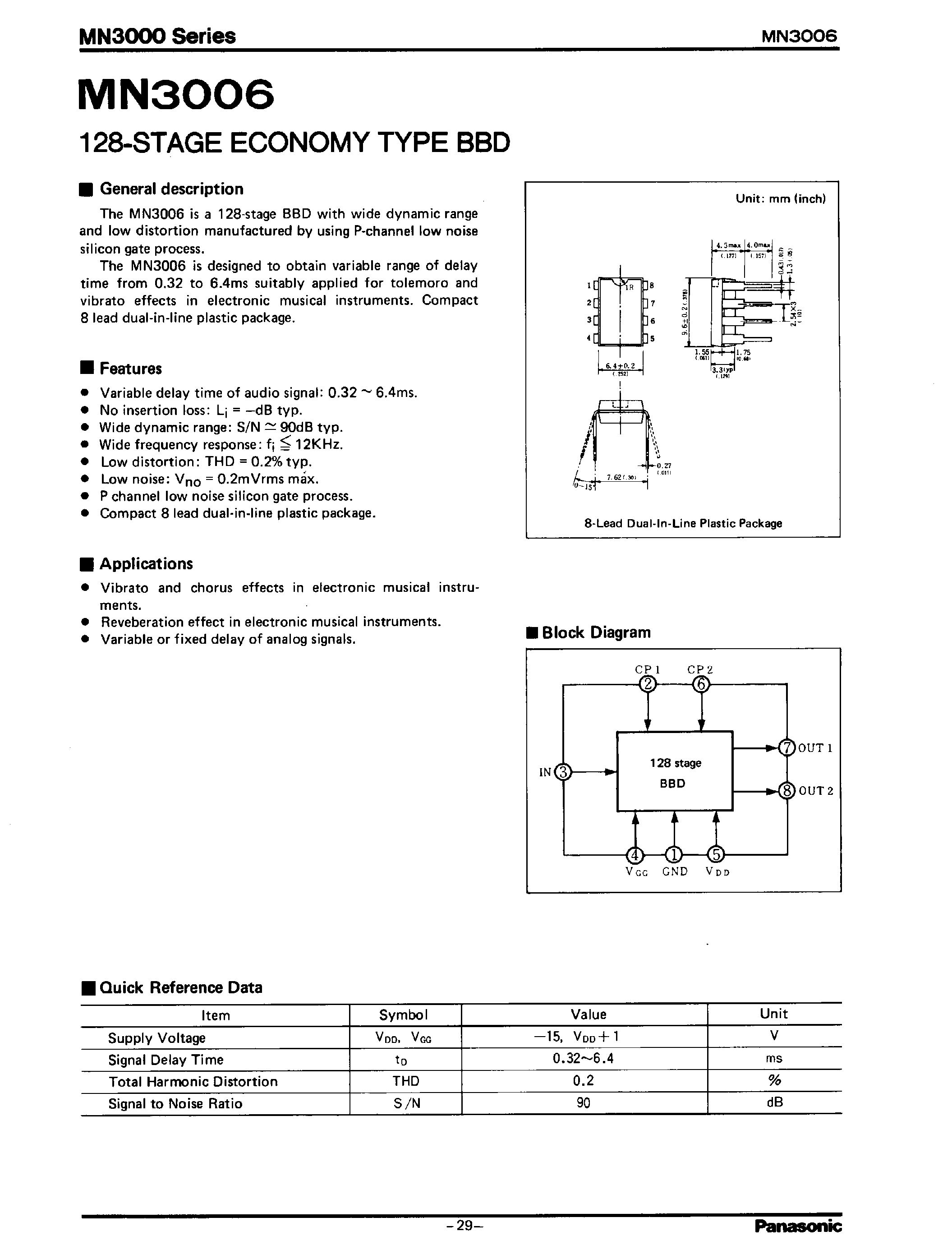 Datasheet MN3006 - 128-STAGE ECONOMY TYPE BBD page 1