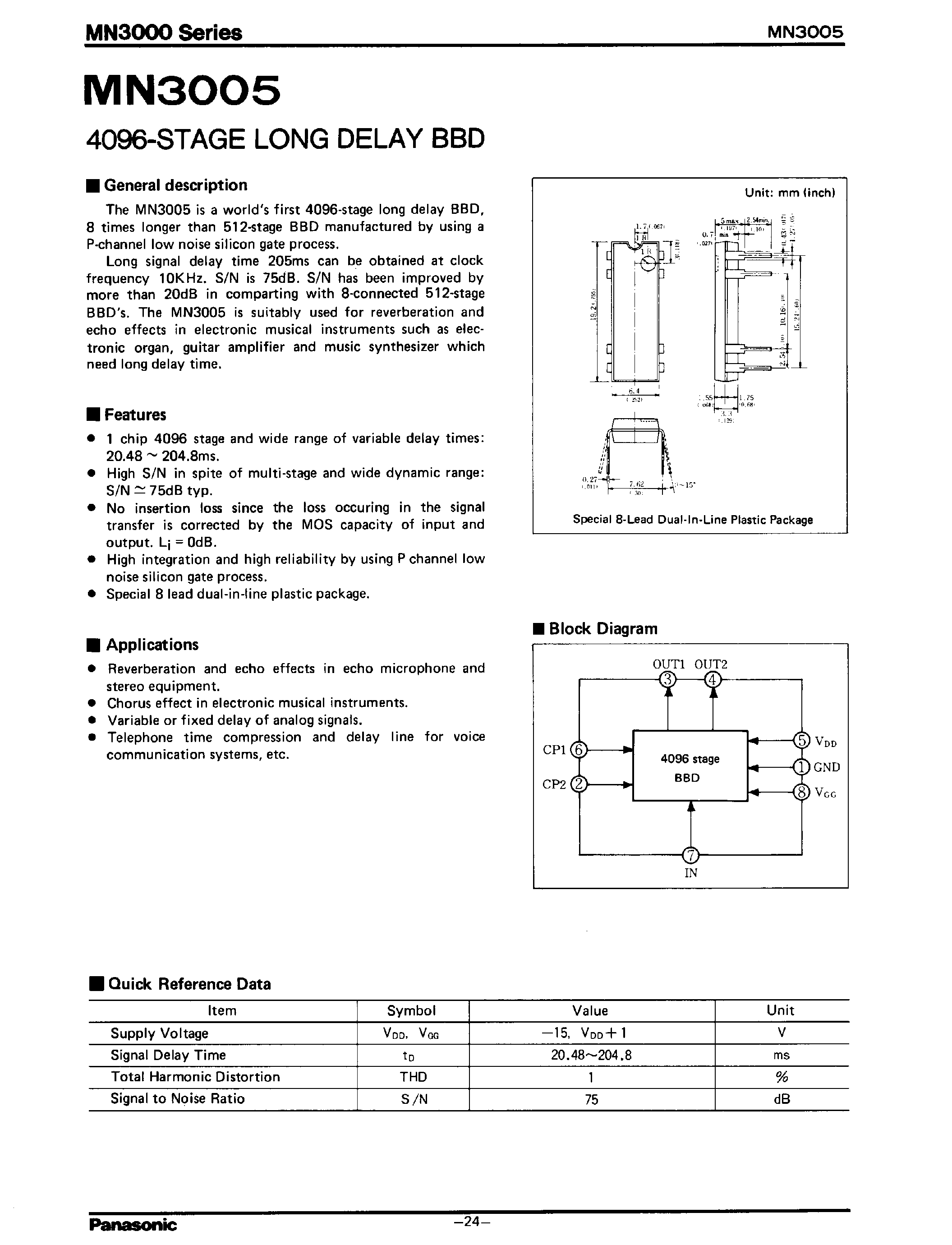 Datasheet MN3005 - 4096-STAGE LONG DELAY BBD page 1