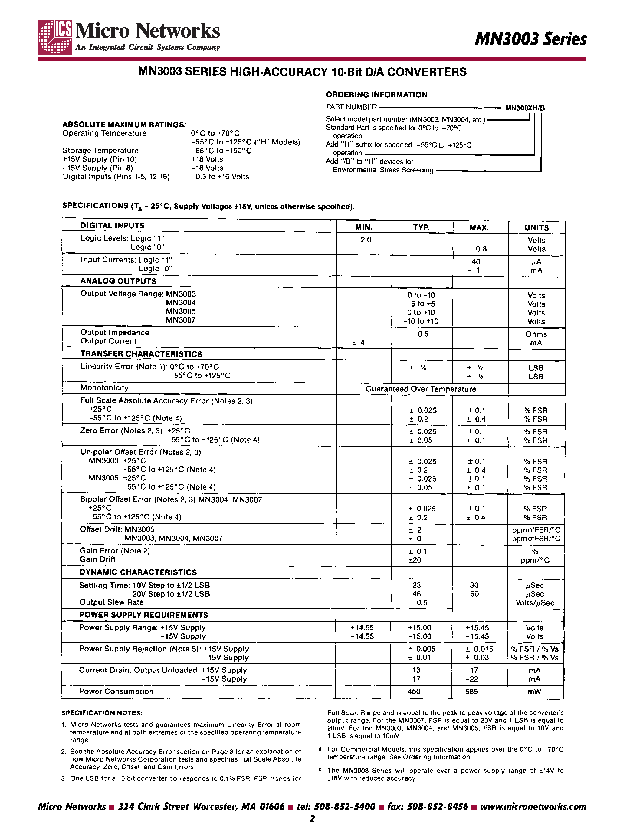Даташит MN3007 - (MN3003 Series) High Accuracy 10 Bit D/A Converters страница 2