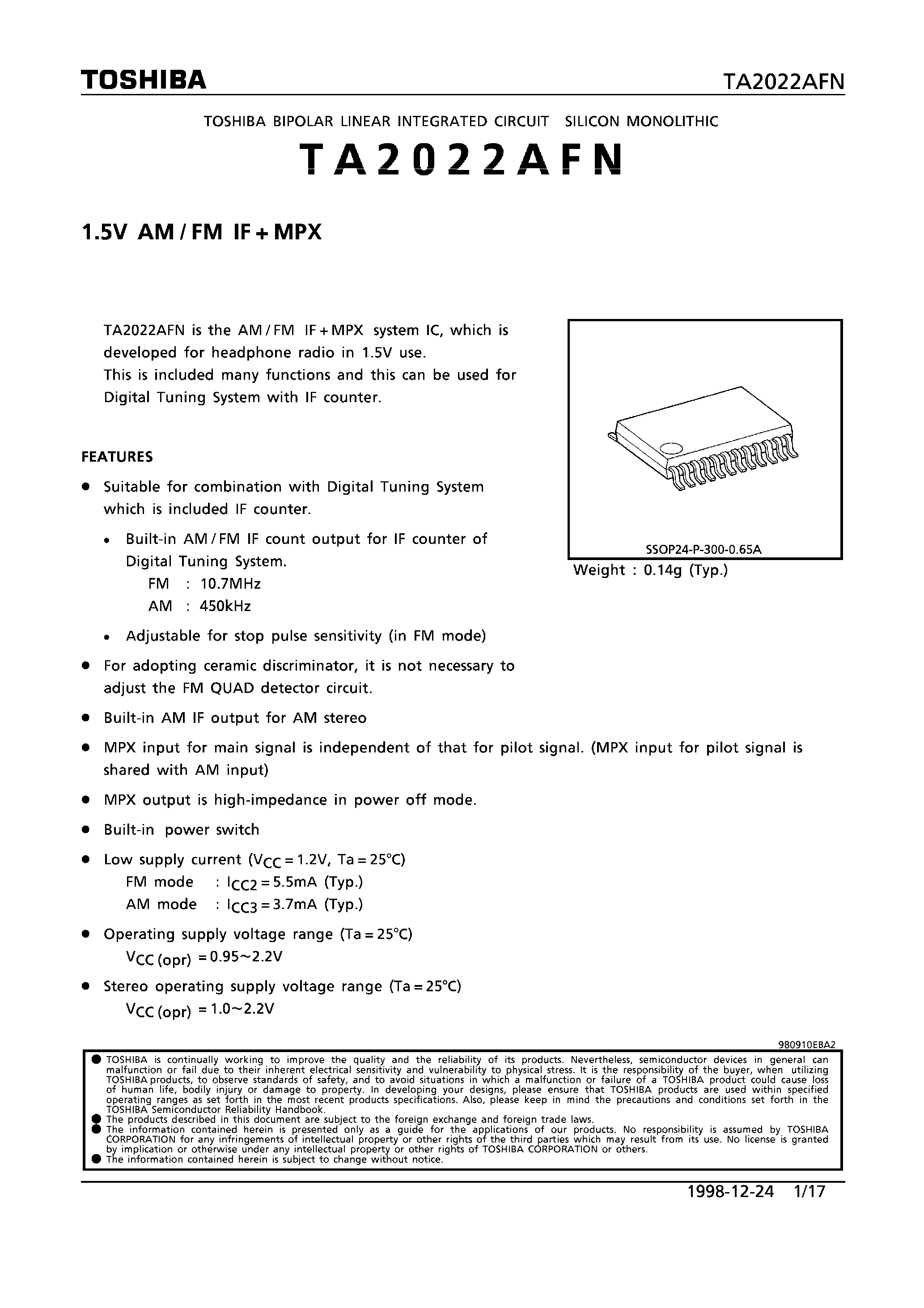 Datasheet TA2022AFN - 1.5V AM/FM IF+MPX page 1