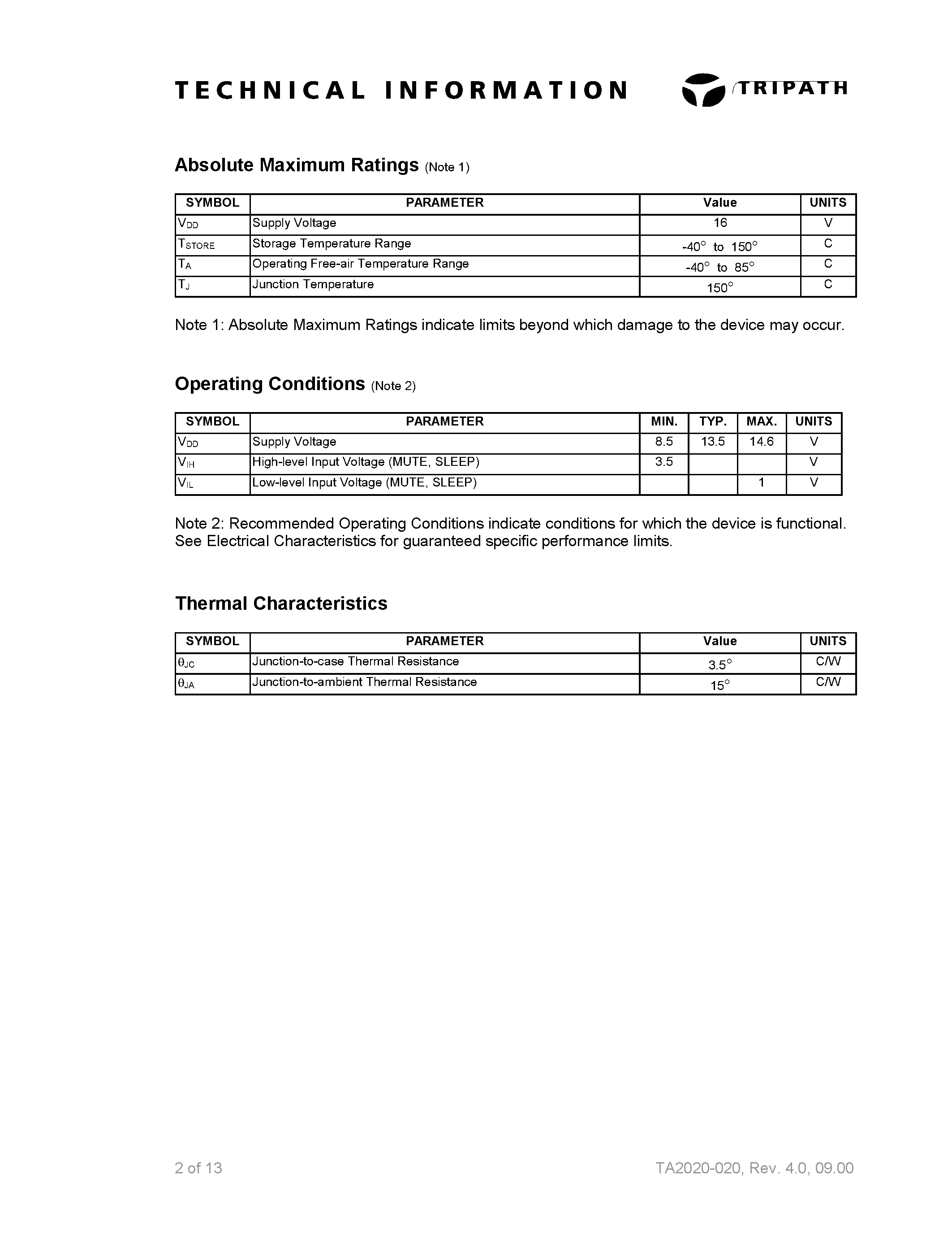 Даташит на микросхему TA2020-020 страница 2 Даташит TA2020-020 - Stereo 20W Class-T Digital Audio Amplifier using Digital Power Processing страница 2