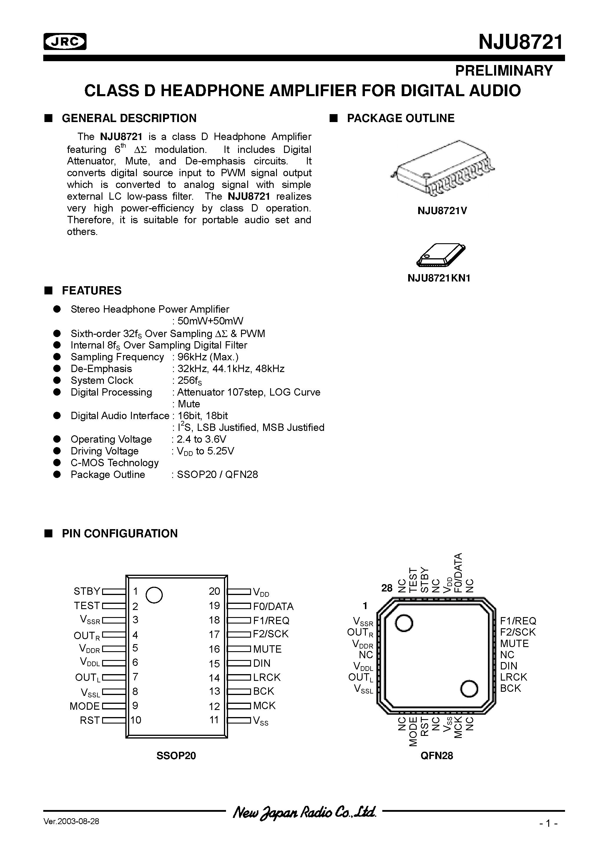 Даташит NJU8721 - Class D HeadPhone Amplifier for Digital Audio страница 1