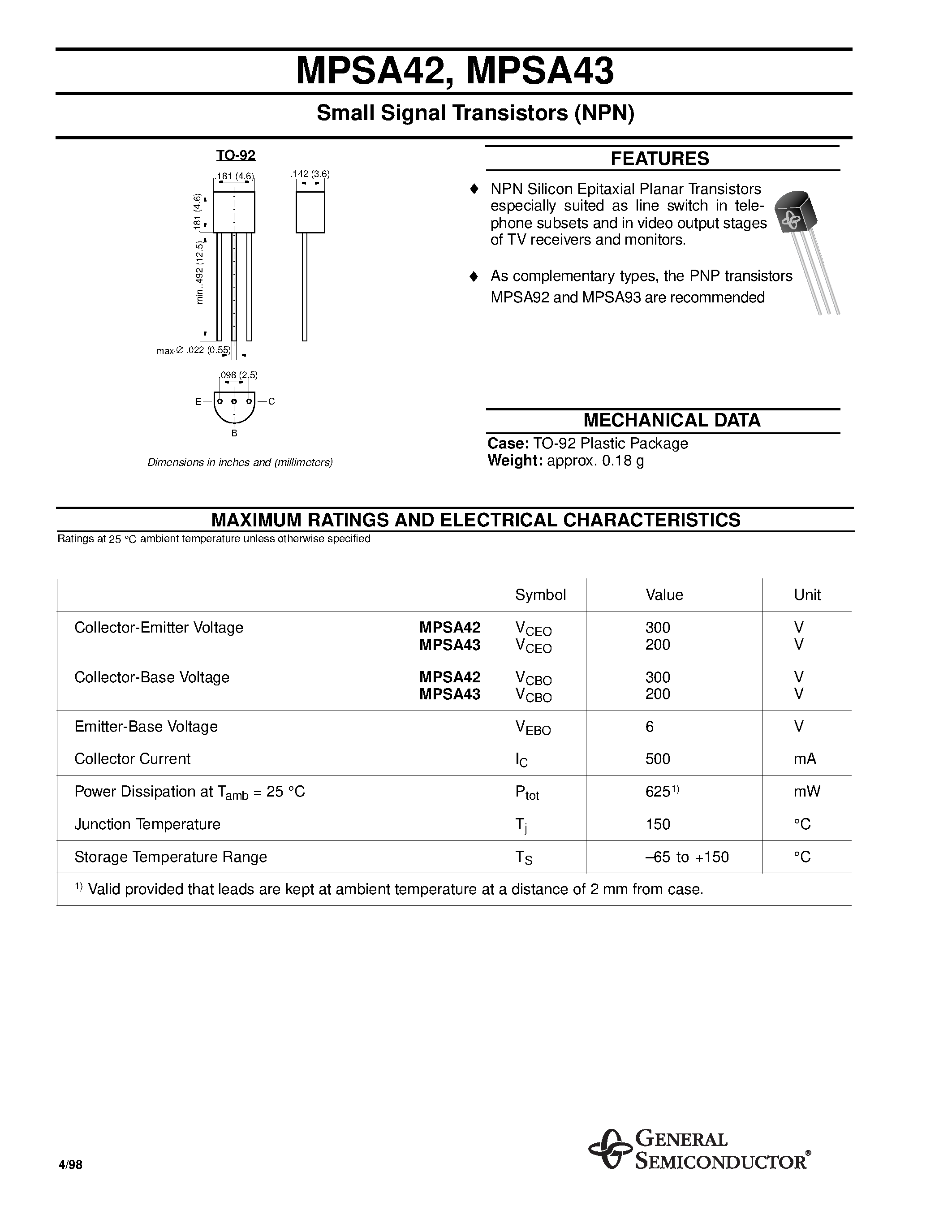 Datasheet MPSA42 page 1 Datasheet MPSA42 - (MPSA43) Small Signal Transistors (NPN) page 1