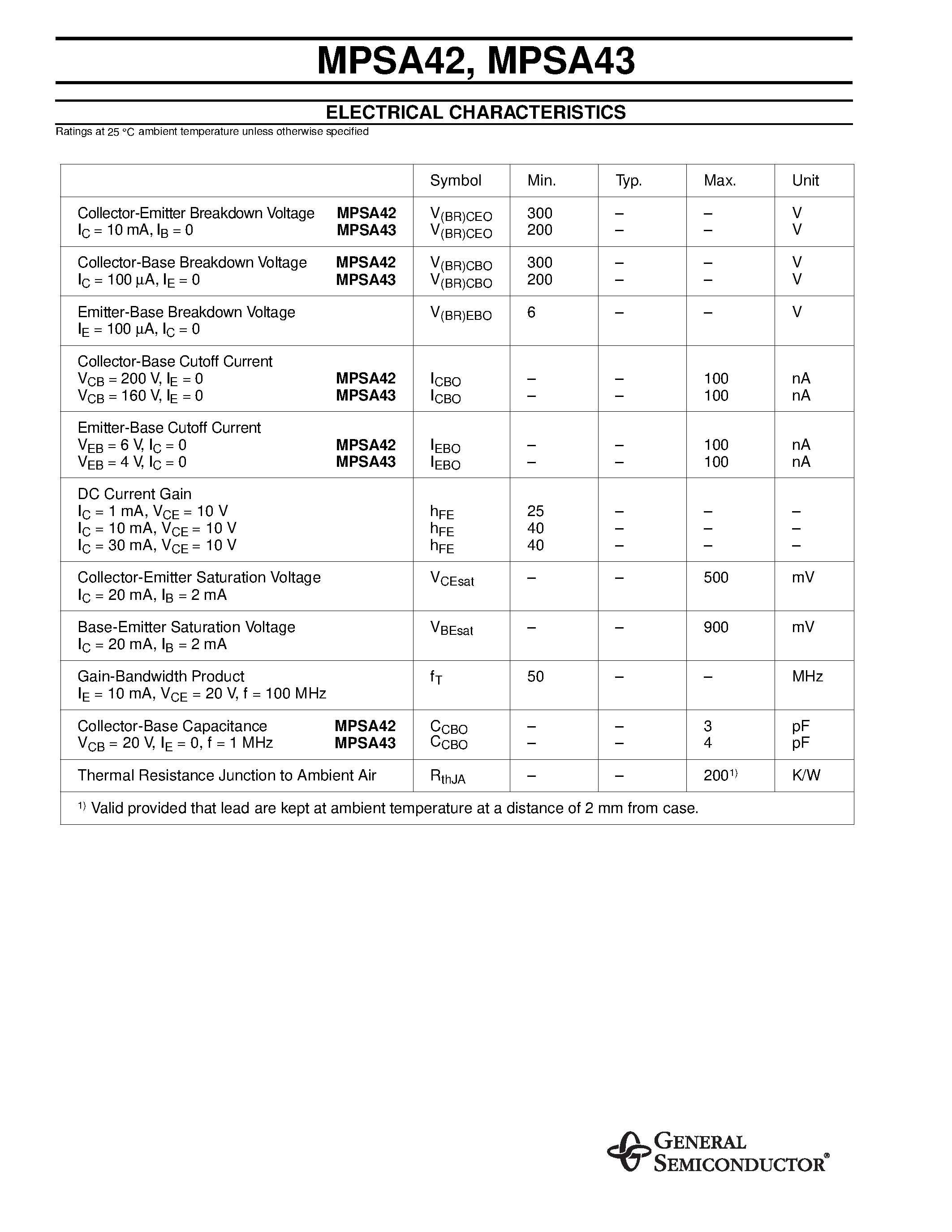 Datasheet MPSA42 page 2 Datasheet MPSA42 - (MPSA43) Small Signal Transistors (NPN) page 2