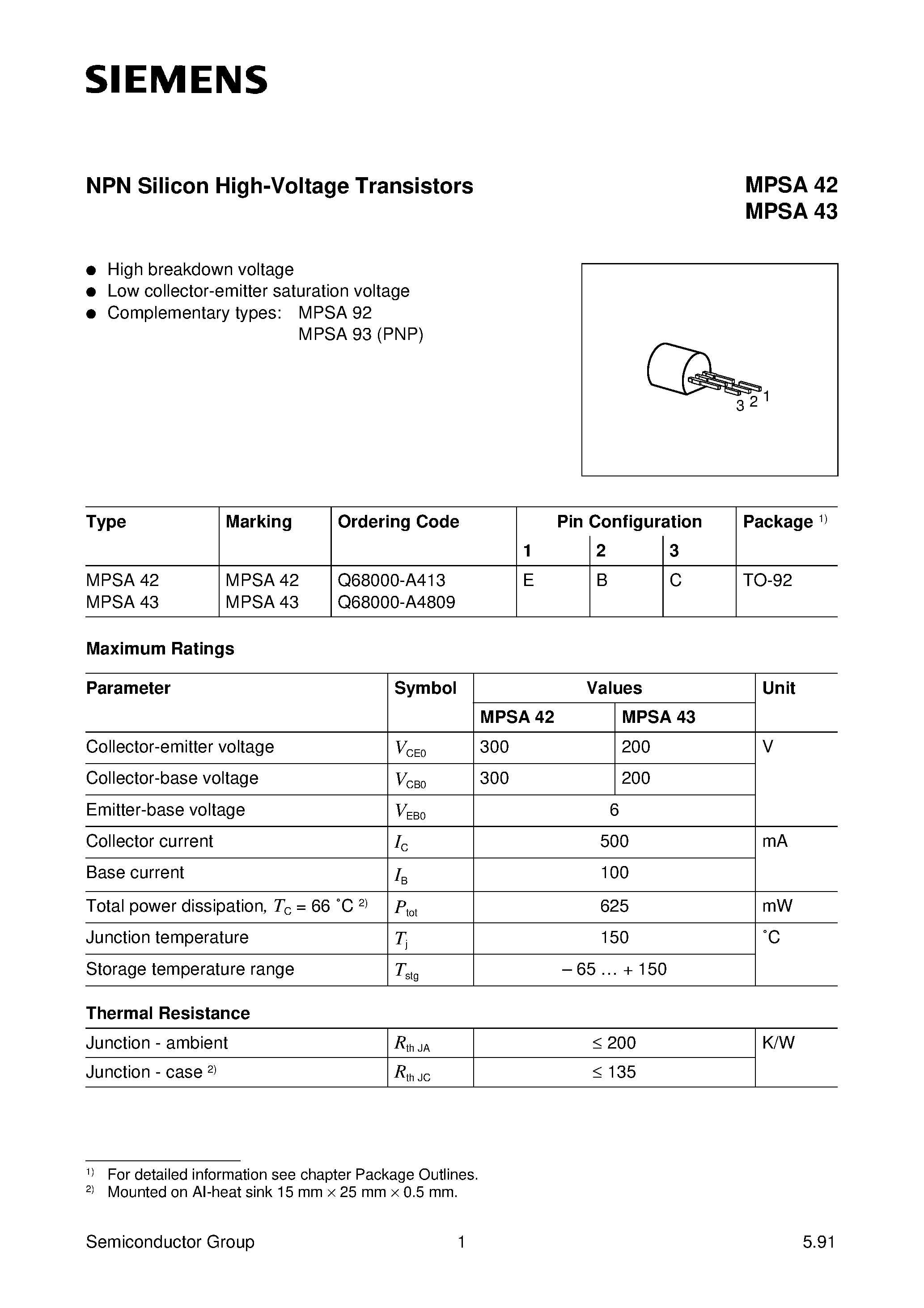 Datasheet MPSA42 page 1 Datasheet MPSA42 - (MPSA43) NPN Silicon High-Voltage Transistors page 1