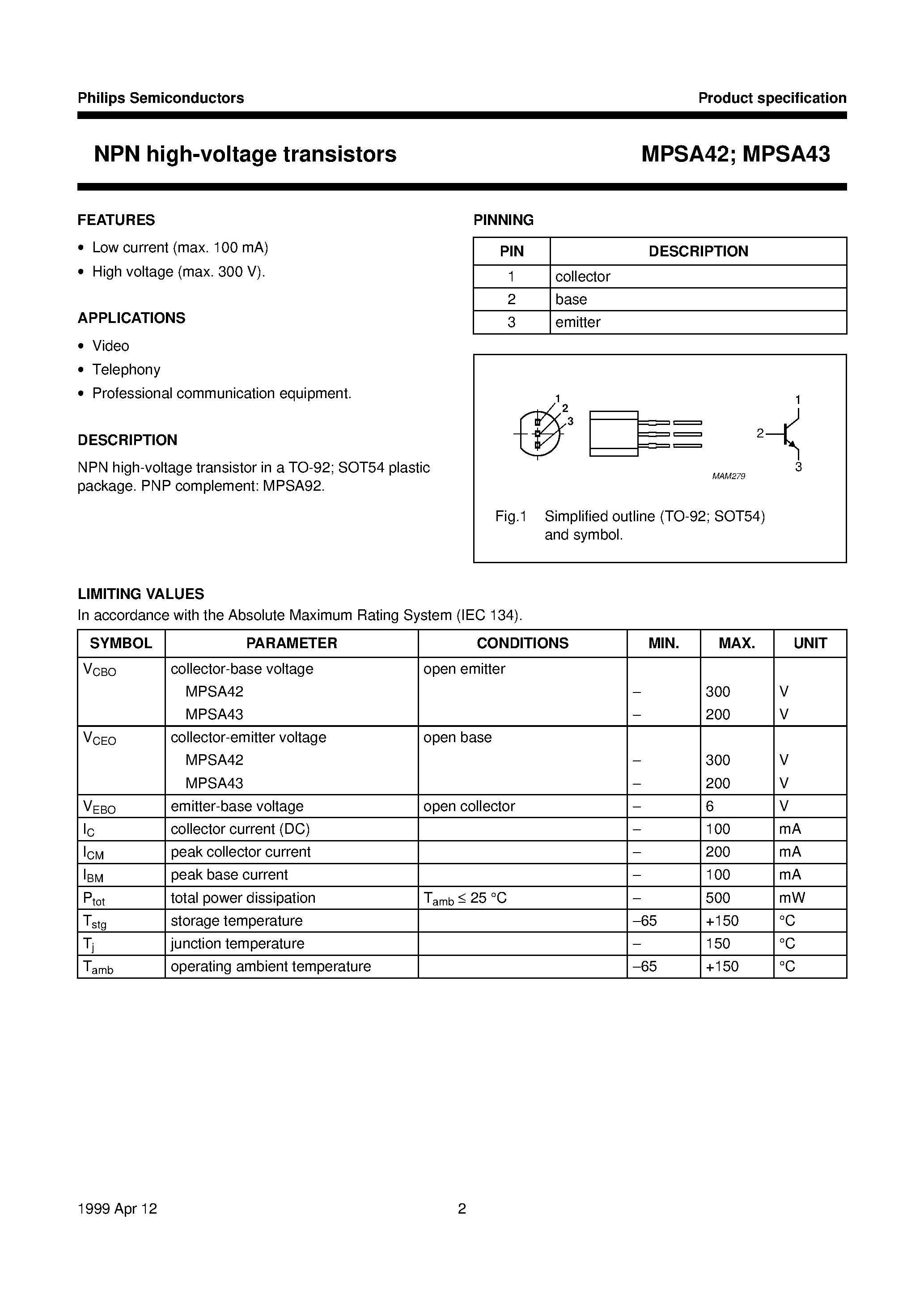 Даташит на микросхему MPSA42 страница 2 Даташит MPSA42 - (MPSA43) NPN high-voltage transistors страница 2