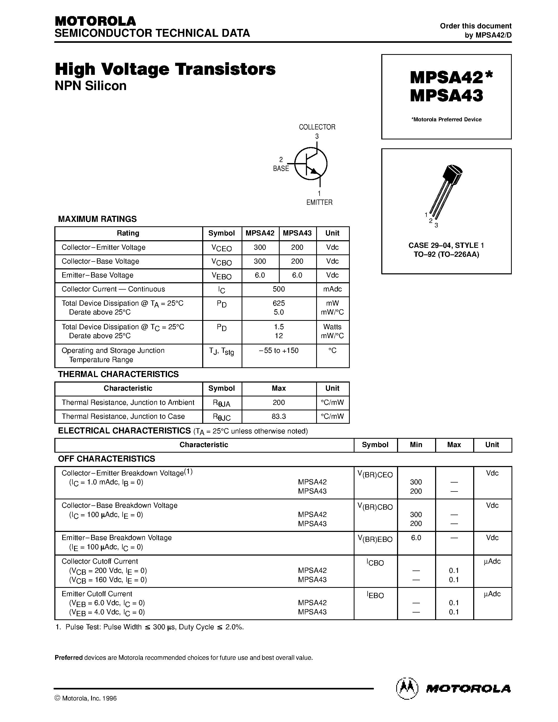 Datasheet MPSA42 page 1 Datasheet MPSA42 - (MPSA43) High Voltage Transistors page 1